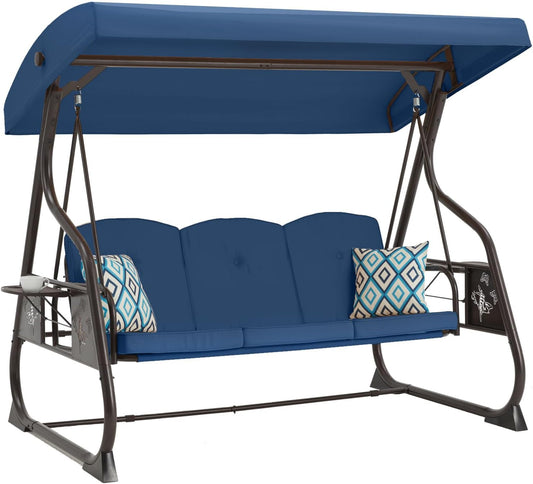 3-Seat Patio Porch Swing 800LBS Outdoor Swing with Stand w/Canopy & Adjustable Backrest Patio Glider Chair w/Removable Pillows & Foldable Side Tray for Balcony Garden Deck (Blue)