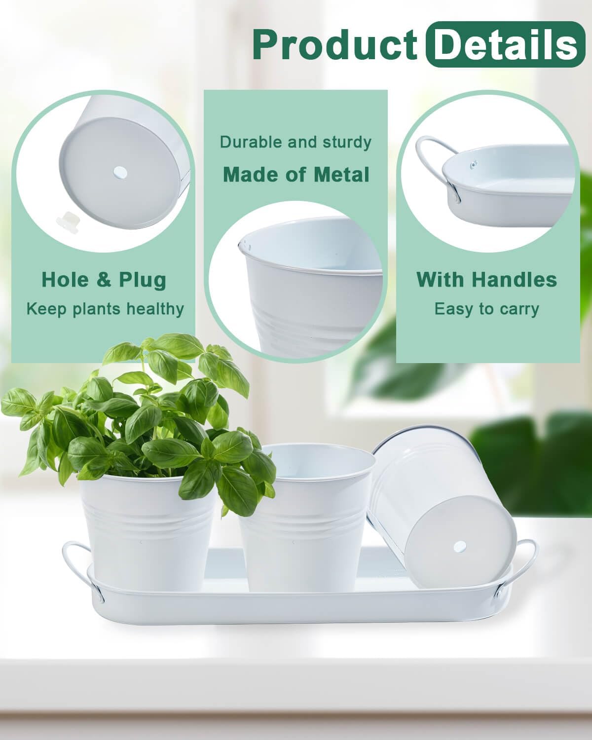 vensovo Indoor Herb Planter Set - Galvanized Windowsill Garden Pots with Tray & Drainage, Set of 3 Metal Window Planters for Kitchen & Outdoor Use, White