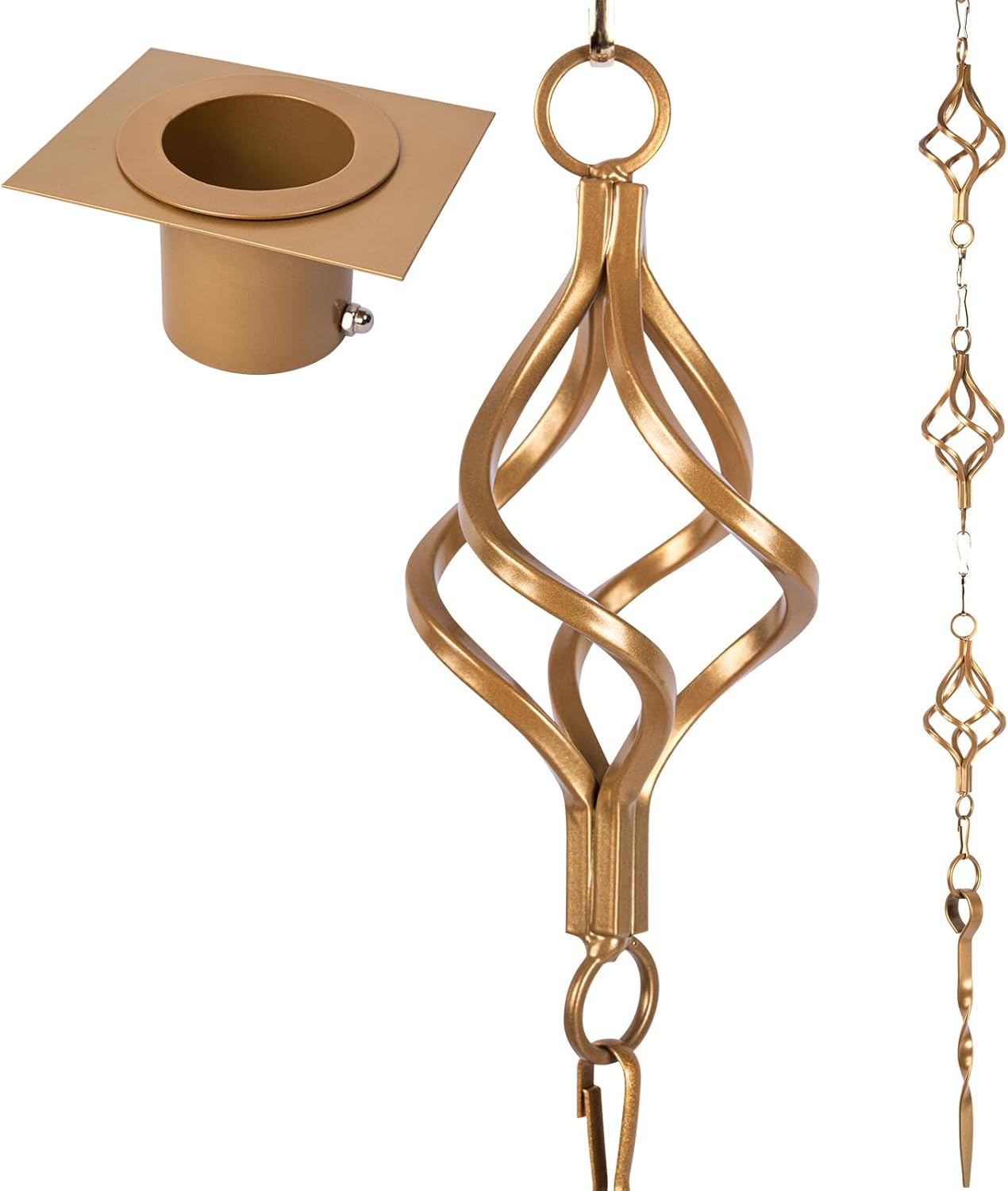 Rain Chain Bird Cage Set 8.5Ft, Not Rust Wrought Iron Rain Chains for Gutters with Adapter Gotta Drain and Rain Sturdy Anchoring Stake,13 Birdcage, 1 Hook, Adjustable Length for Garden (Gold)