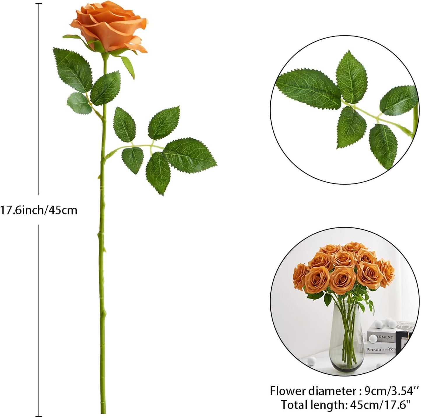 Artificial Rose 10pcs Open Flower Bouquet Faux Rose Stems for Wedding Arrangement, Bridal Bouquet, Centerpiece, Fake Faux Silk Flowers (Orange Terracotta)