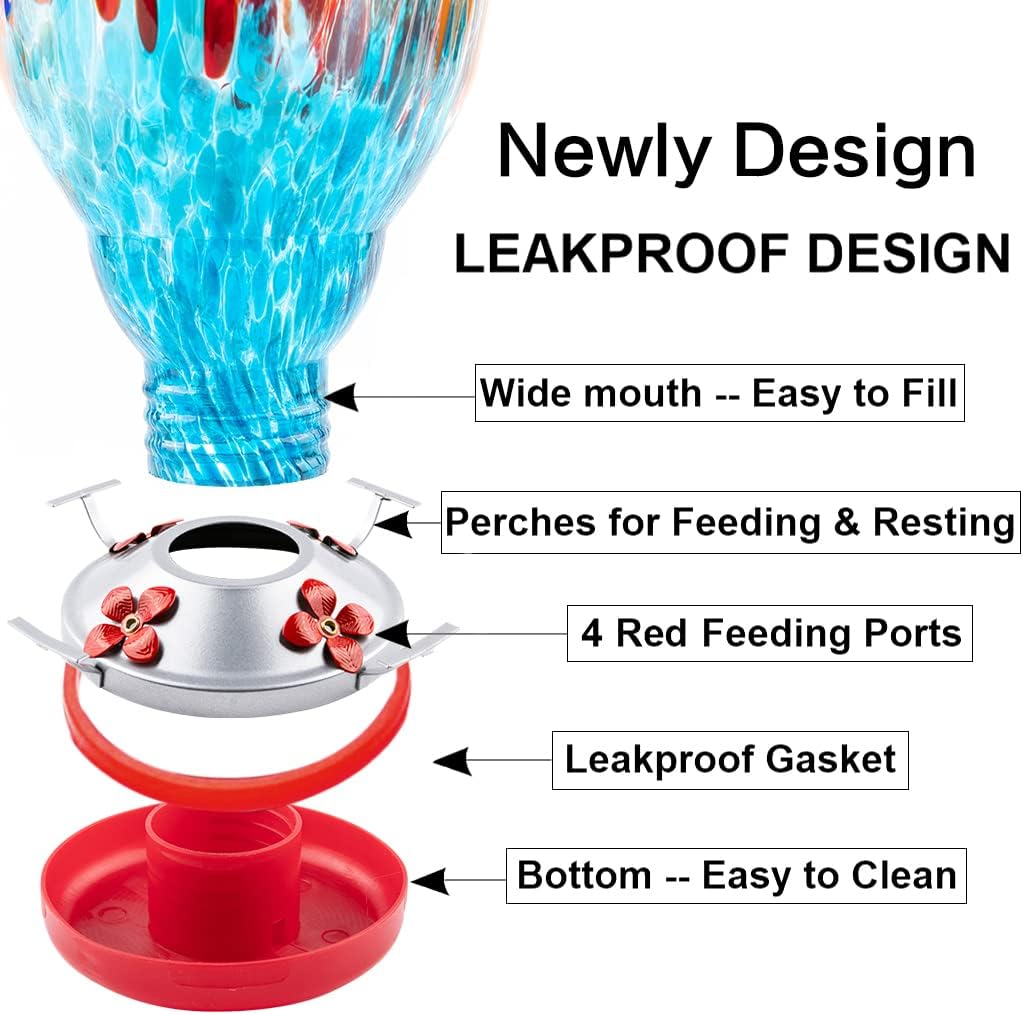 WOSIBO Hummingbird Feeder for Outdoors Patio Large 32 Ounces Colorful Hand Blown Glass Hummingbird Feeder with Ant Moat Hanging Hook, Rope, Brush and Service Card (Red-Blue)