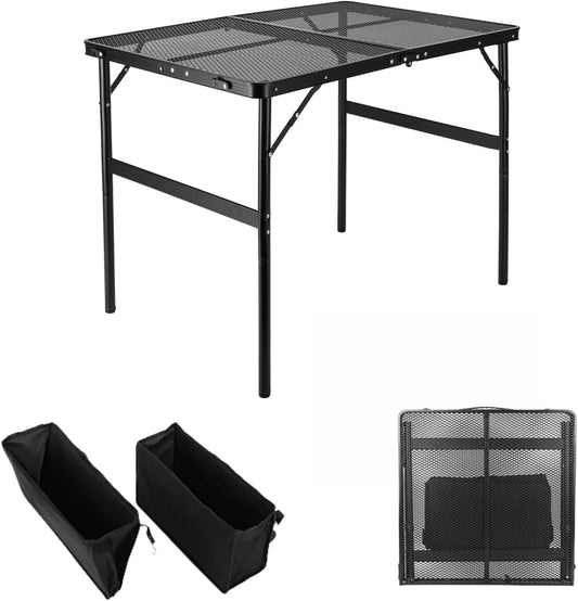 Camping Table 3FT Grill Table with 2×7/15L Storage Bag Foldable Folding Table Picnic Portable Stand Mesh 2 Height Adjustable Outdoor Card BBQ 35.4×23.6×26 inch