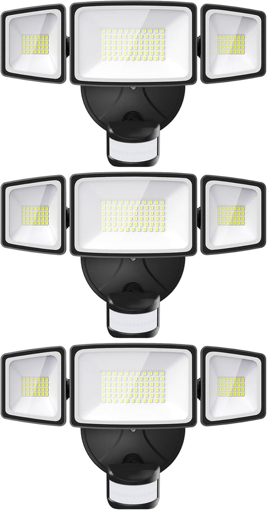 Onforu 3 Pack 65W LED Motion Sensor Outdoor Lights, Security Light Motion Outdoor Flood Light Fixture Detection Detector, 3 Adjustable Heads 6500LM 6500K IP65 Waterproof Exterior Garage Yard (Black)