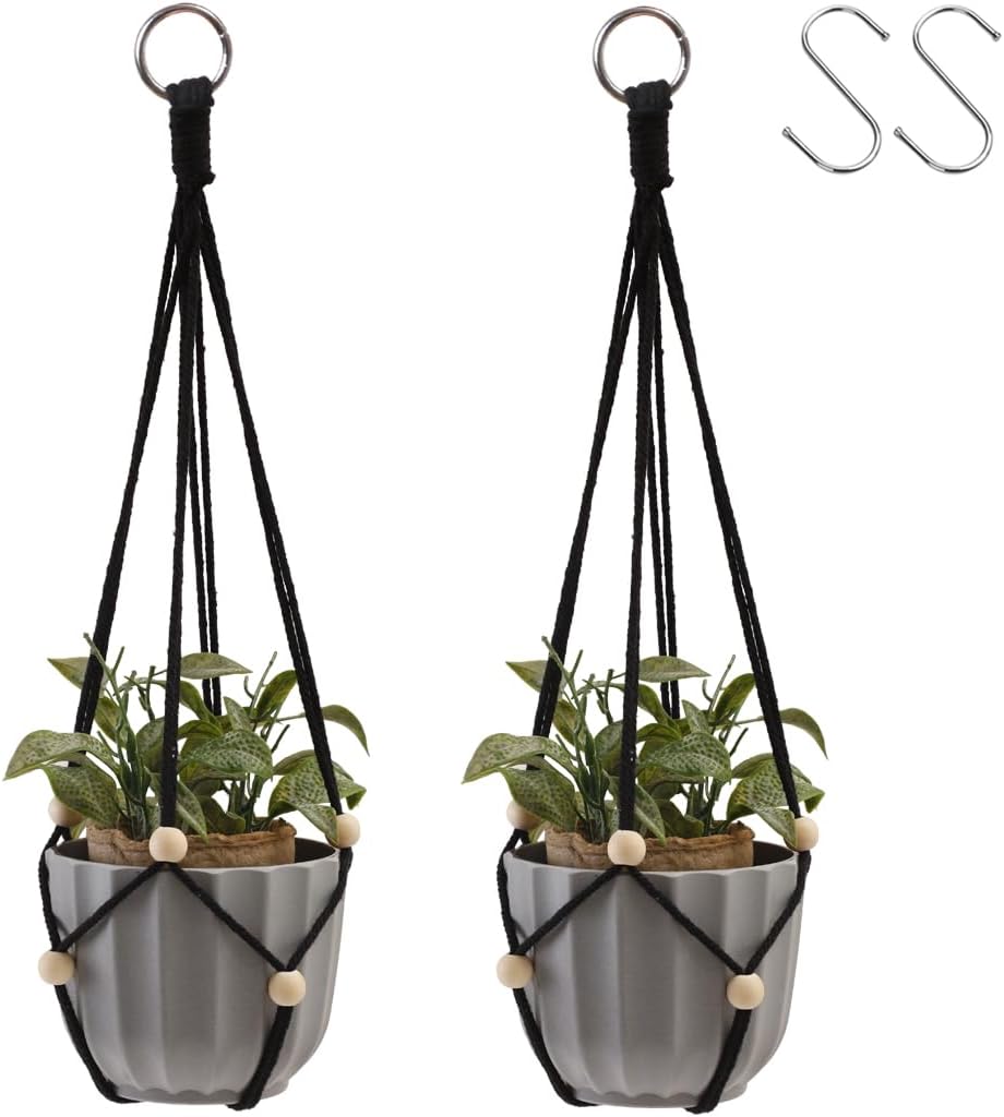 Artilady Black Hanging Planter for Indoor Plants Macrame Plant Hanger Large Hanging Plant Holder Basket with Adjustable Beads Outdoor Window Boho Plant Wall Decor