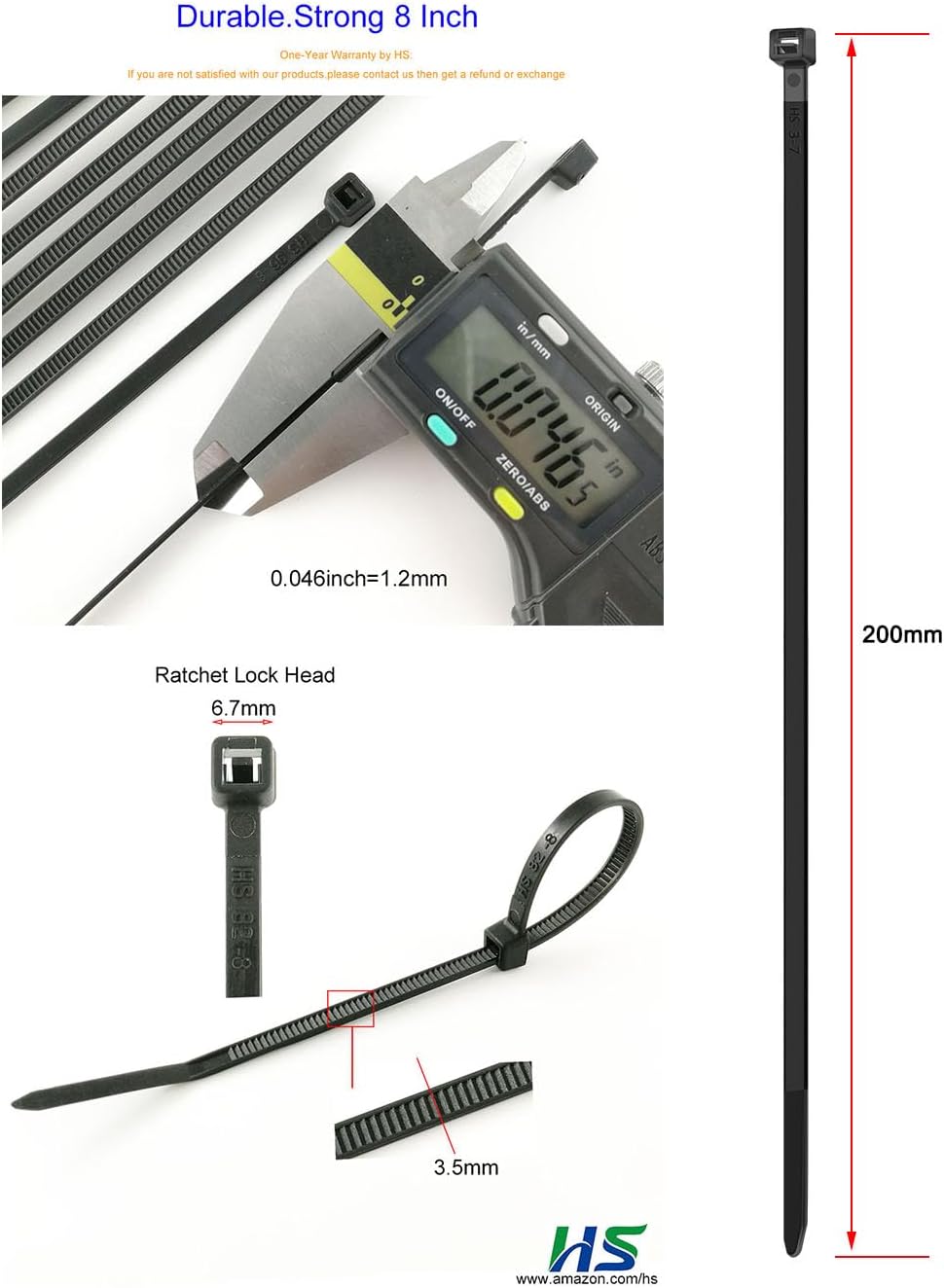 HS Durable Plastic Zip Ties 8 Inch (Bulk-1000 Pack) UV Rated Black Cable Ties 40 Lbs Self-Locking Wire Ties Width 1/8 Inch,Outdoor Purpose