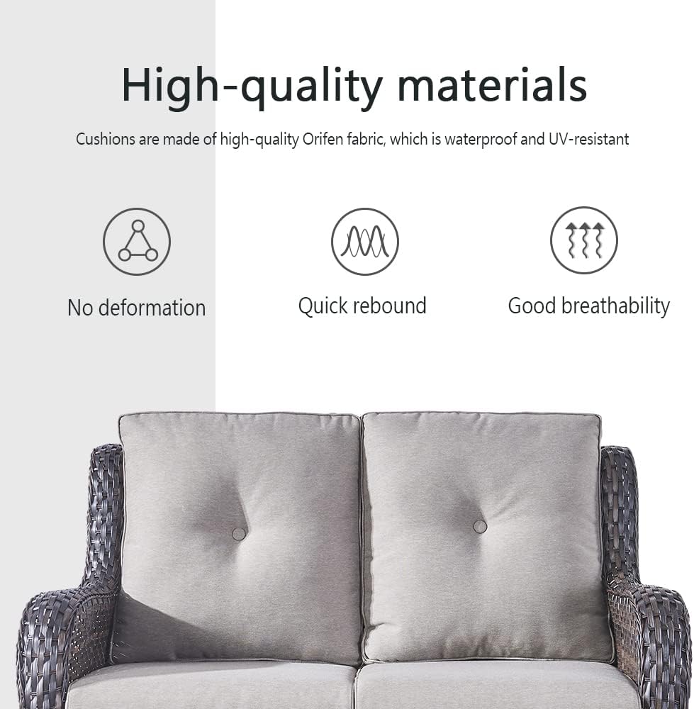 5 Piece Outdoor Patio Furniture Set - Wicker Furniture Patio Conversation Set, Outdoor Swivel Rocker Chairs with Loveseat Sofa and 2 Ottomans for Small Space, Gray Cushion