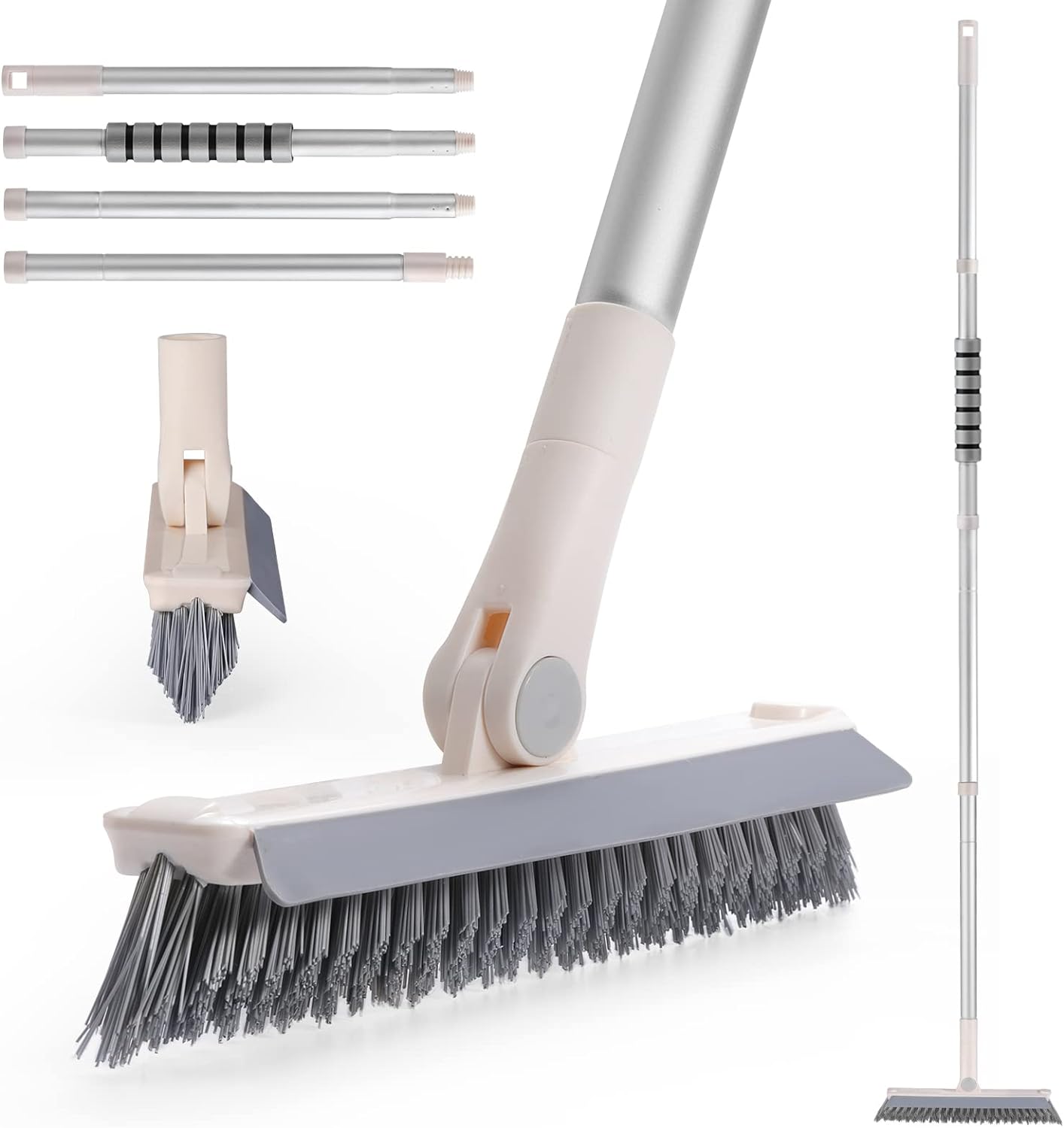 Grout Brush with Long Handle, 2 in 1 V-Shaped Floor Scrub Brush for Cleaning, Bathroom, Garage, Wall, Patio, and Tile, Stiff Bristle Brush with 54'' Telescopic Handle