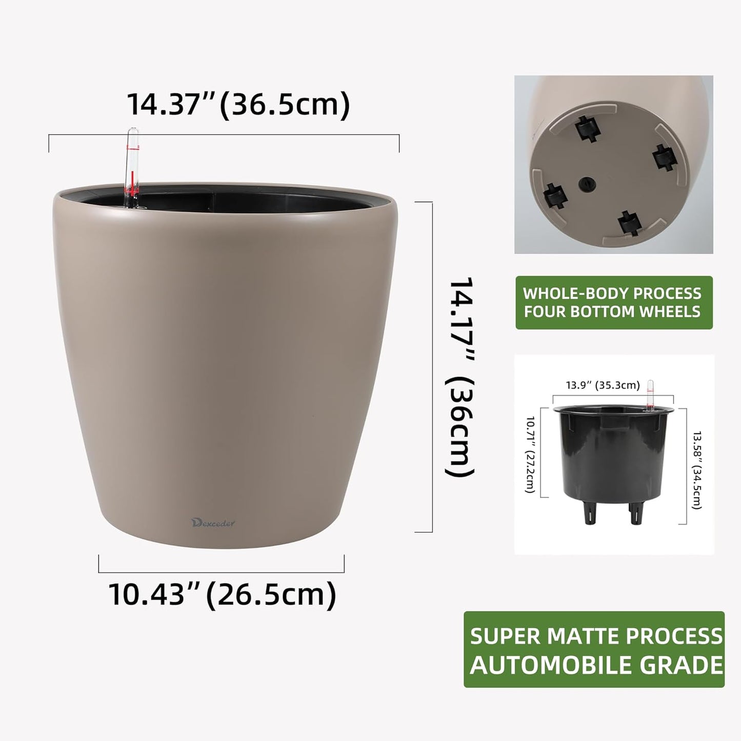 Dexceder 15x14 Self Watering Planter with Wheels Indoor Outdoor, Inner Pot Design, Thickened Large Floor Standing Flower Plant Pot with Water Level Indicator (Taupe Matte)