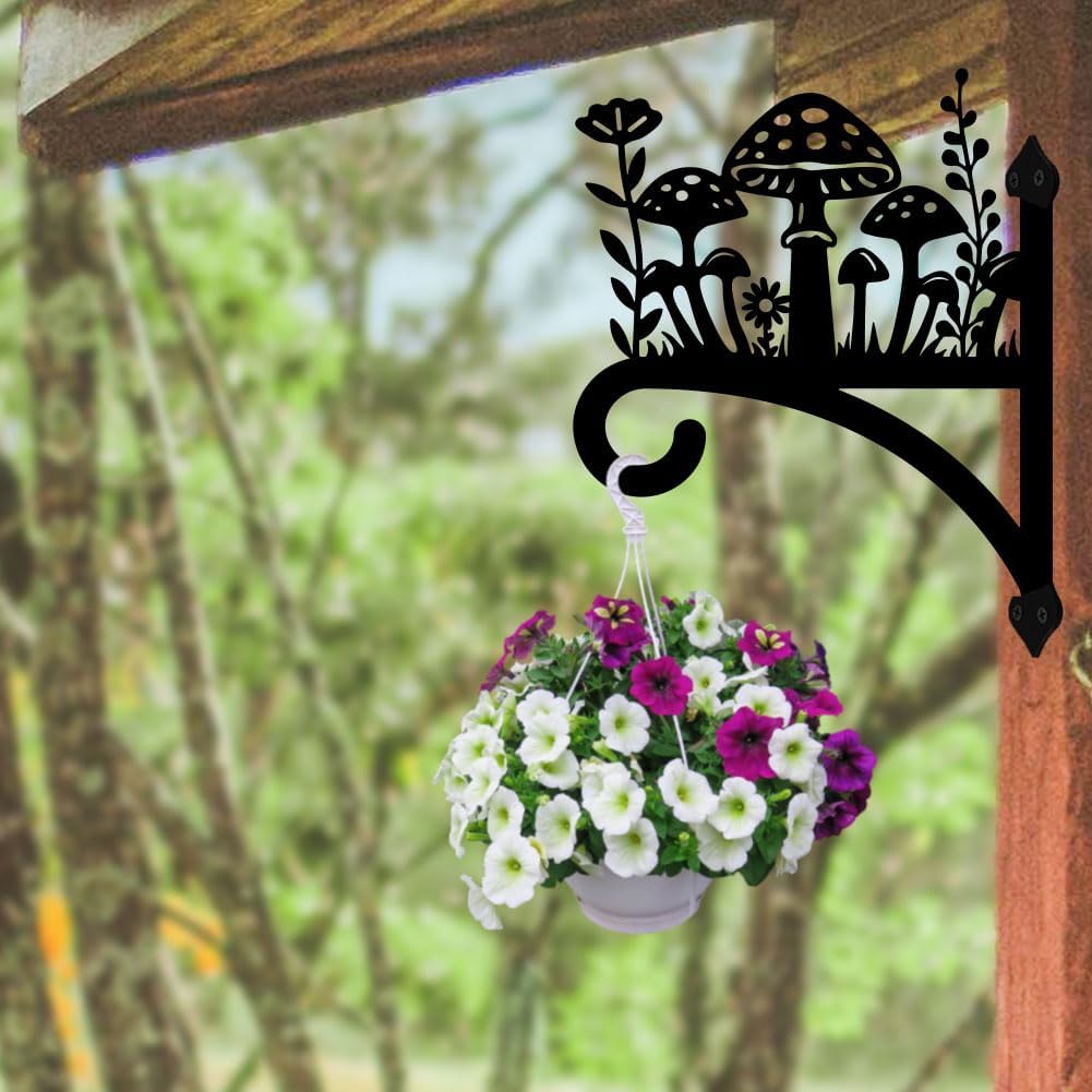peacoblue Iron Plant Hangers Hook for Outdoor Indoor Hanging Plant Flower Fern Pot Lantern Bird Feeder,12"x15" Weather Resistant Metal Wall Holder for Porch Garden Farmhouse(Mushroom and Wildflower)
