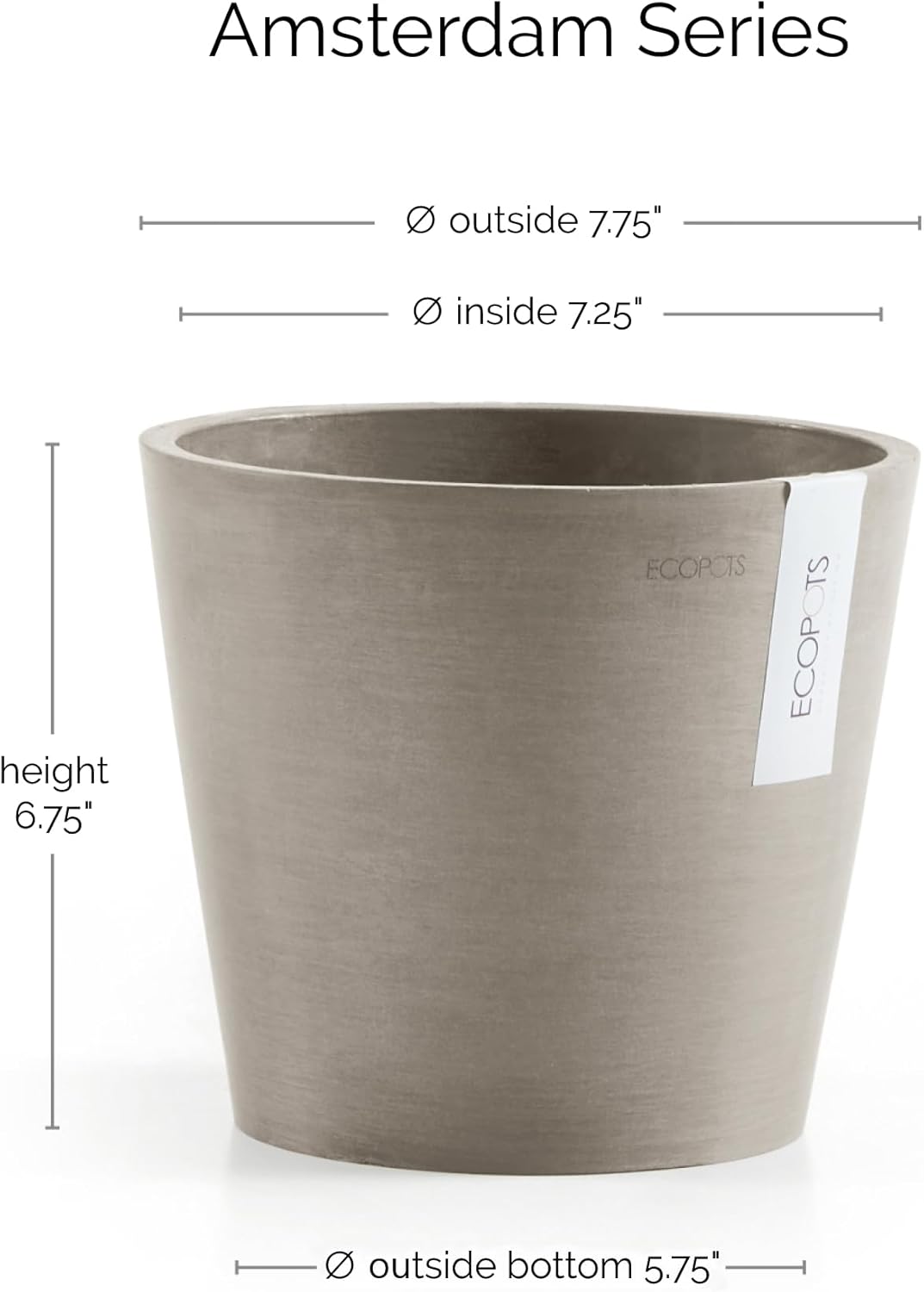 Ecopots Amsterdam Durable Modern Round Indoor/Outdoor Recycled-Based Composite Flower Pot Planter, Taupe, 8"