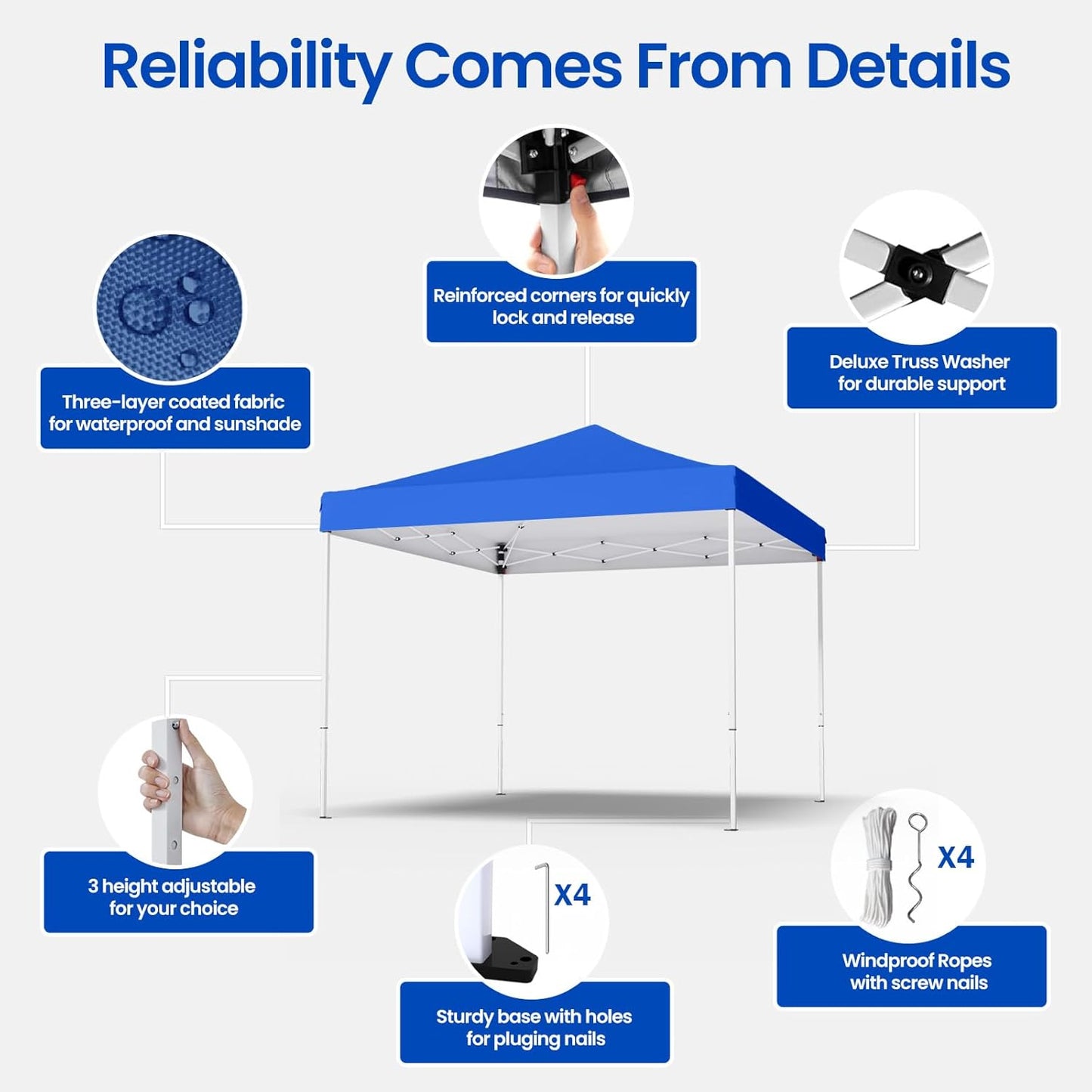 10x10ft Pop Up Canopy Tent,Heavy Duty Waterproof Folding Tent for Camping Parties Events Parties,Outdoor Canopy,Portable Sun Shelter,3 Adjustable Height(Blue)