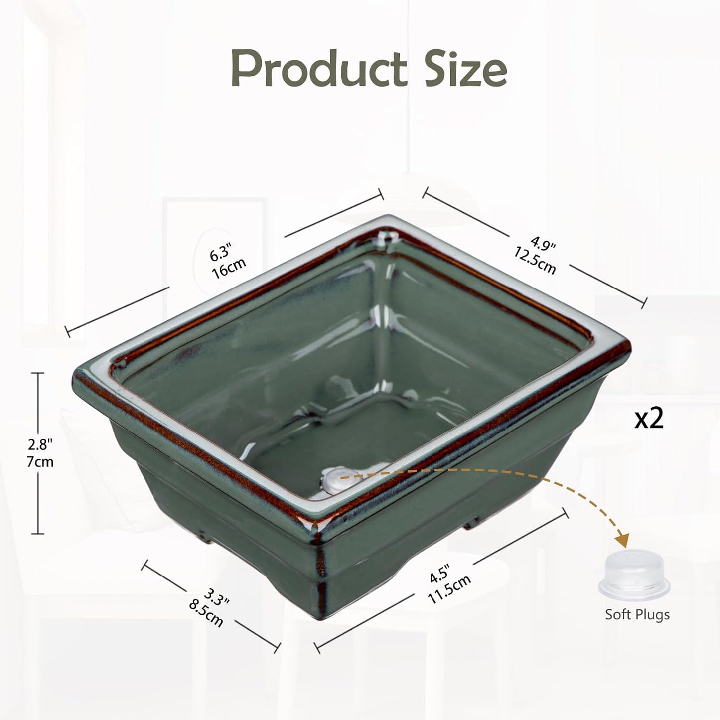 Ceramic Bonsai Pots with Drainage Hole Set of 2, Green Glazed Bonsai Planters for Indoor/Outdoor Use, Rectangular Shallow Bonzai Tree Pot for Succulent, Orchids, Cacti, Home, Patio, Garden, 6.3"x4.9"