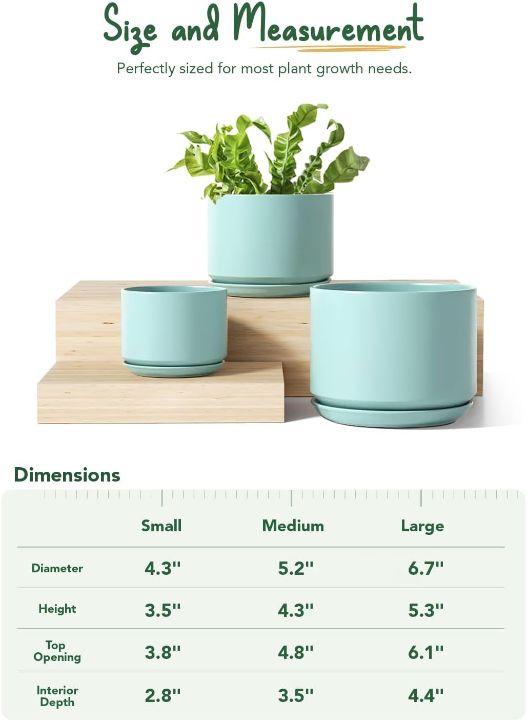 LE TAUCI Ceramic Plant Pots, 4.3+5.3+6.8 inch, Set of 3, Planters with Drainage Hole and Saucer, Indoor Flower Pot with Hole Mesh Pad, Gifts for Mom, Aqua
