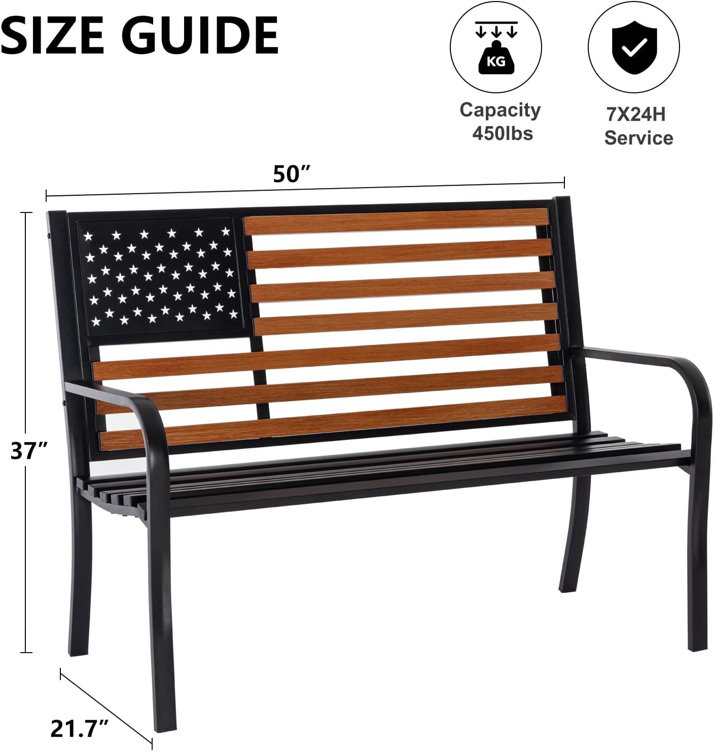𝐀𝐭𝐭𝐥𝐢𝐚𝐬𝐚𝐥𝐨𝐧 50” Outdoor Bench Garden Bench with American Flag Style, Sturdy Cast Iron Metal Frame Patio Park Bench for Porch Yard Lawn Deck Park