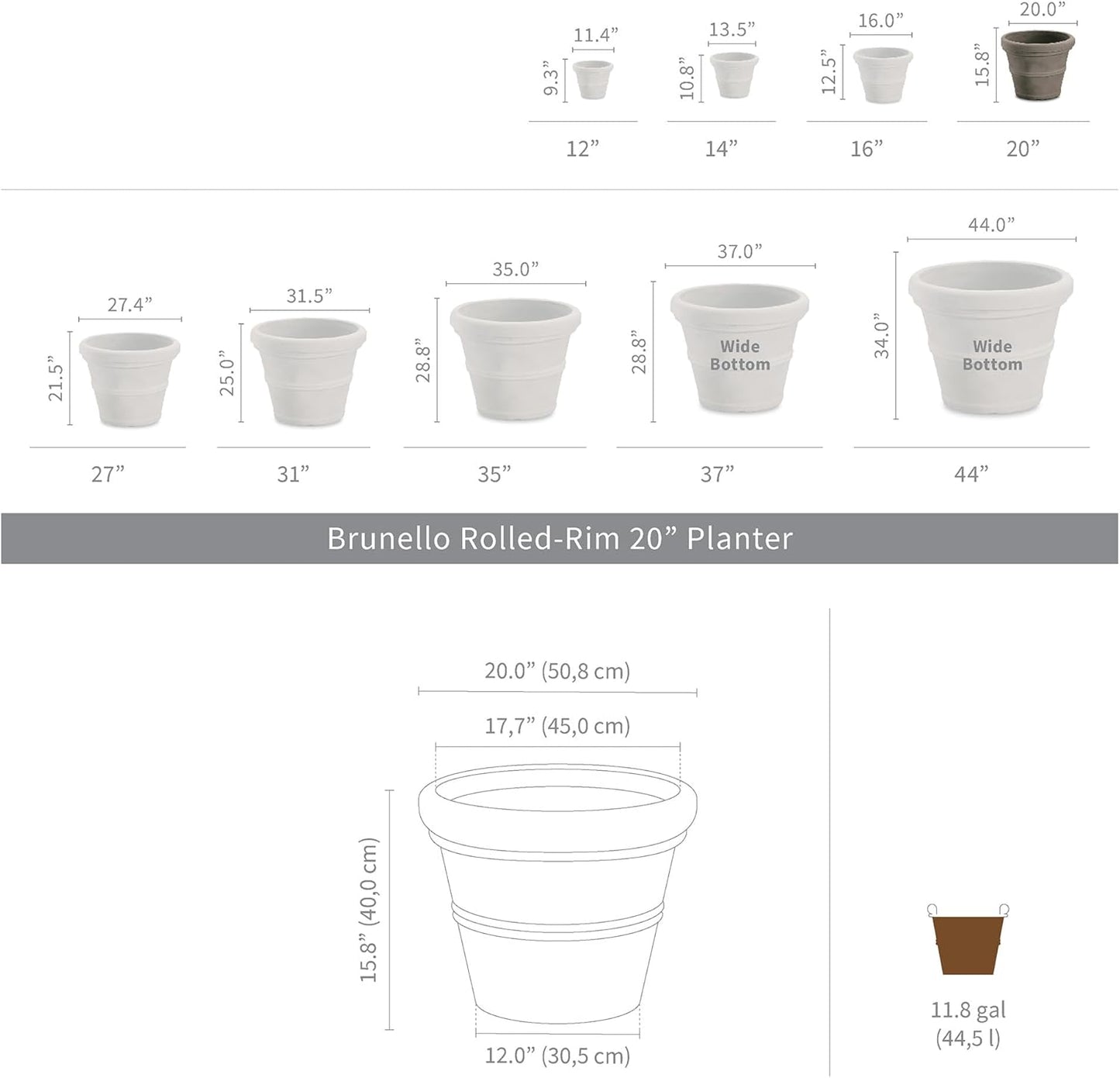 Crescent Garden Brunello Classic Rolled Rim Planter Pot, Indoor/Outdoor Plastic Round Plant Pot - Decorative Flower Pot - 20'' (Parchment)