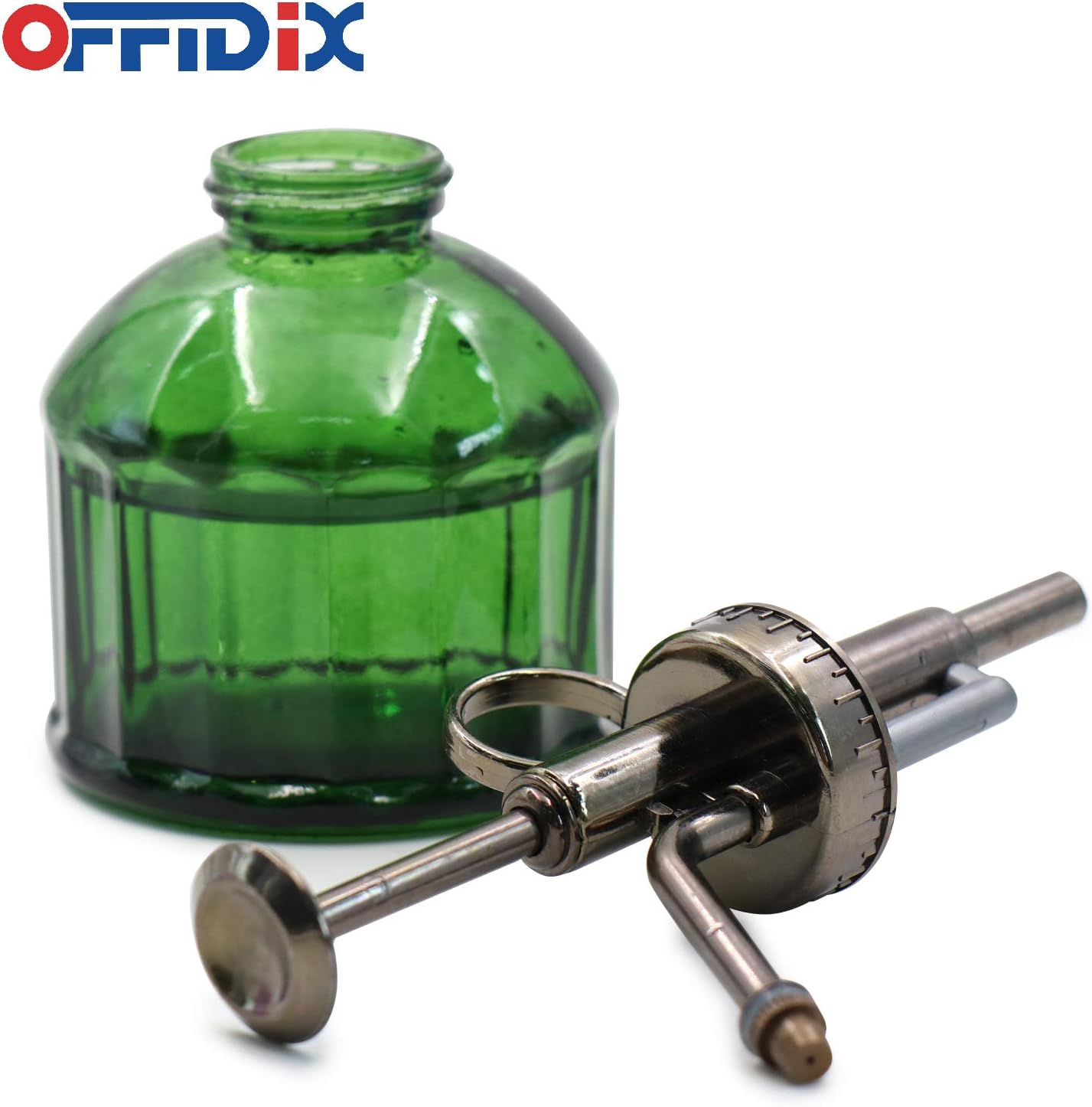 OFFIDIX Glass Plant Mister, 6.3 Inches Tall Vintage Style Spritzer Bronze Plastic Top Pump One Hand Watering Can Indoor Plant Spray Bottle for Garden, Plants, Cleaning (Dark Green)