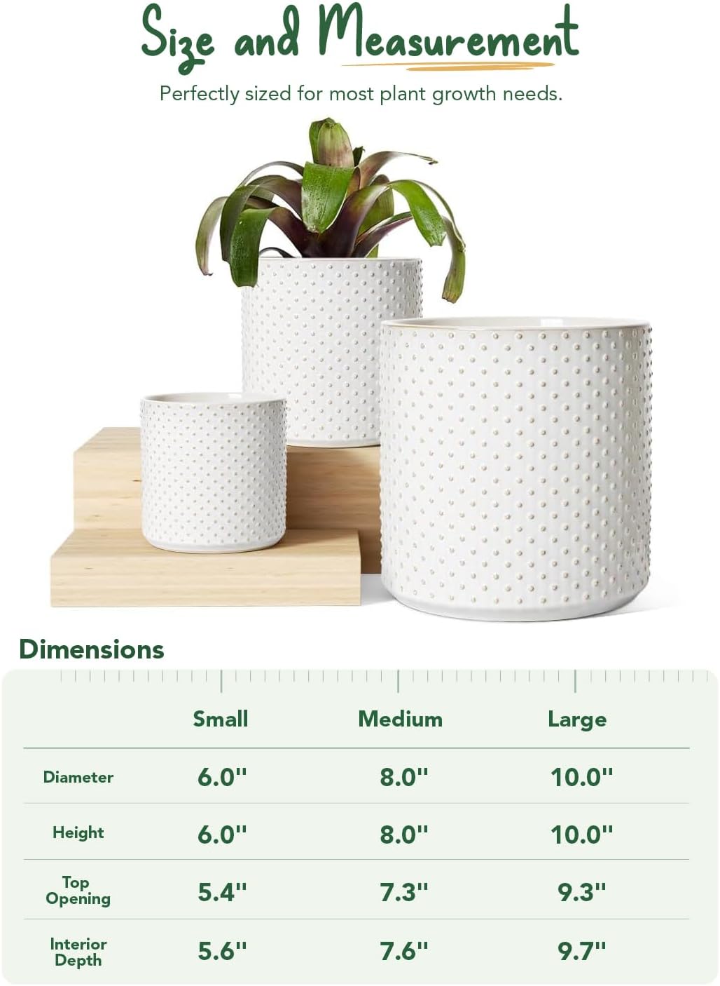 LE TAUCI Ceramic Plant Pots Indoor, 10+8+6 Inch Planters for Indoor Plants, Raised Dots Flower Pots with Drainage Hole and Plug, Cylinder Round Planters, Set of 3, Glaze Arctic White
