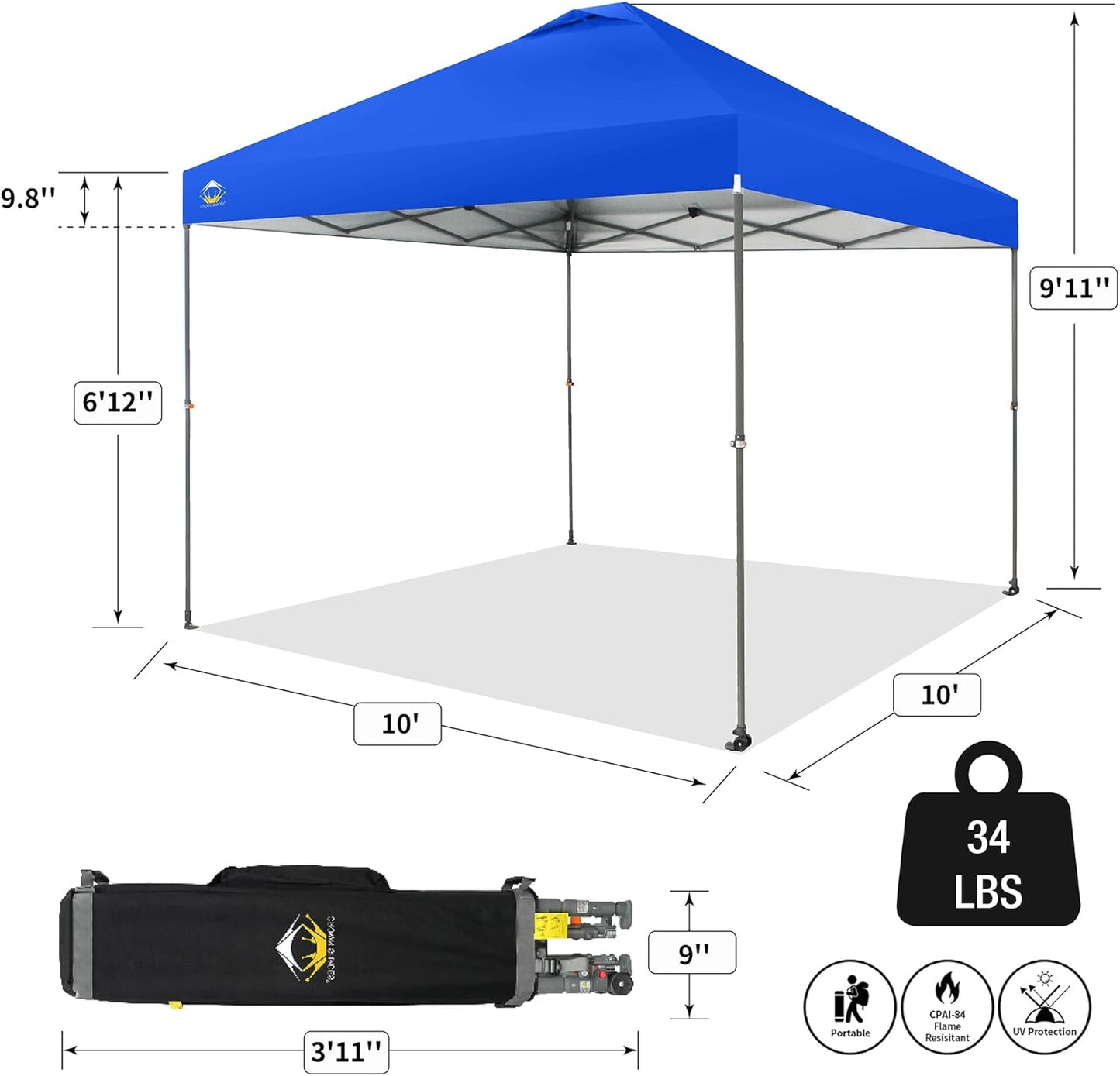 CROWN SHADES Adjustable Height on The Fly, 10x10 Pop Up Canopy - Beach Tent with One Push Setup - Easy Outdoor Sun Shade for Events, Parties, Camping - Outside Shade with STO-N-Go Bag, Blue