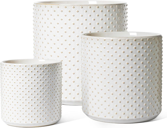 LE TAUCI Ceramic Plant Pots Indoor, 10+8+6 Inch Planters for Indoor Plants, Raised Dots Flower Pots with Drainage Hole and Plug, Cylinder Round Planters, Set of 3, Glaze Arctic White