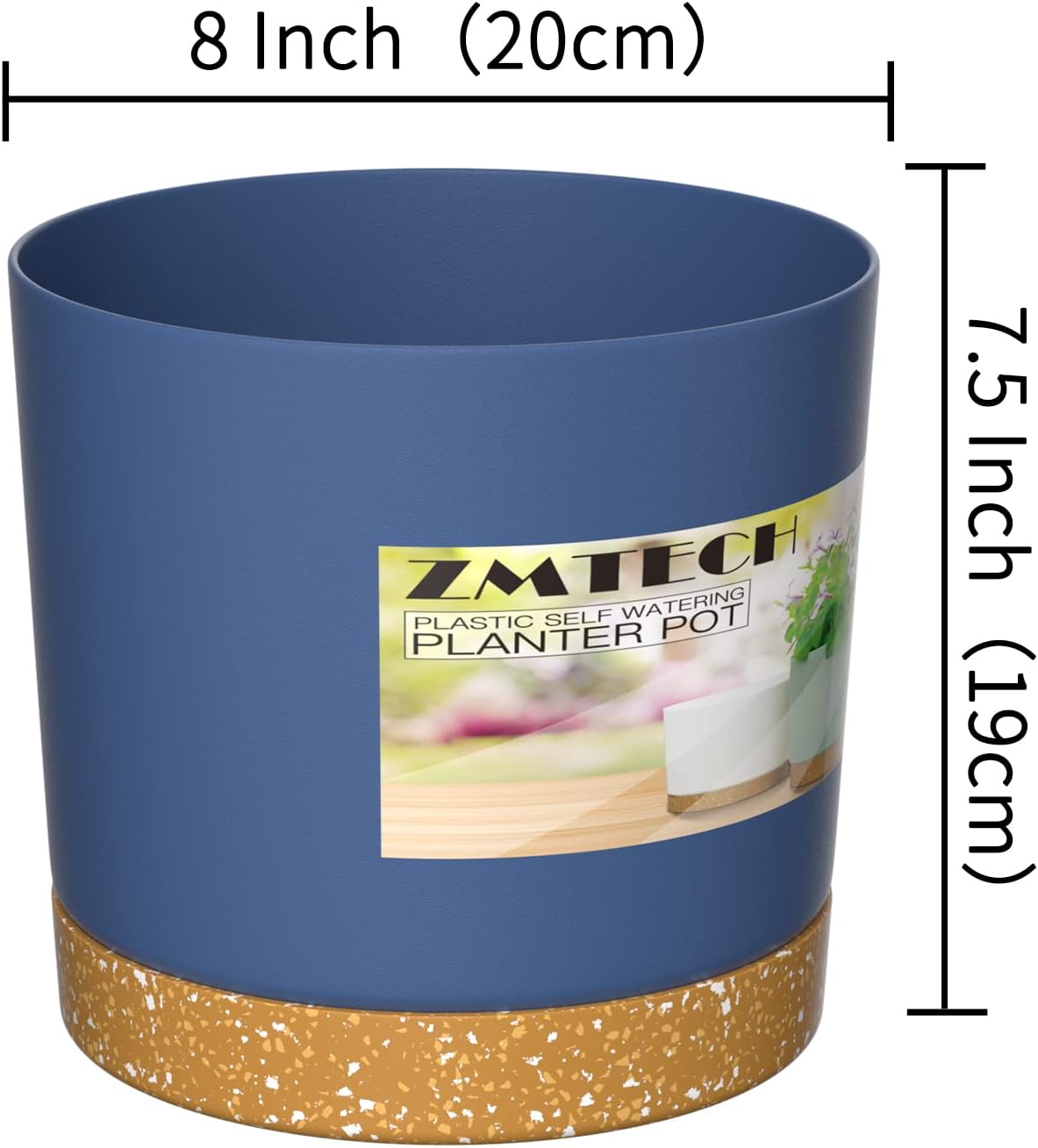 ZMTECH Plant Pots, Set of 3 8'' Self Watering Plastic Planter with Drainage Hole and Saucer, Modern Decorative Flower Pot for Indoor Outdoor House Plants, Succulents, Flowers - Blue