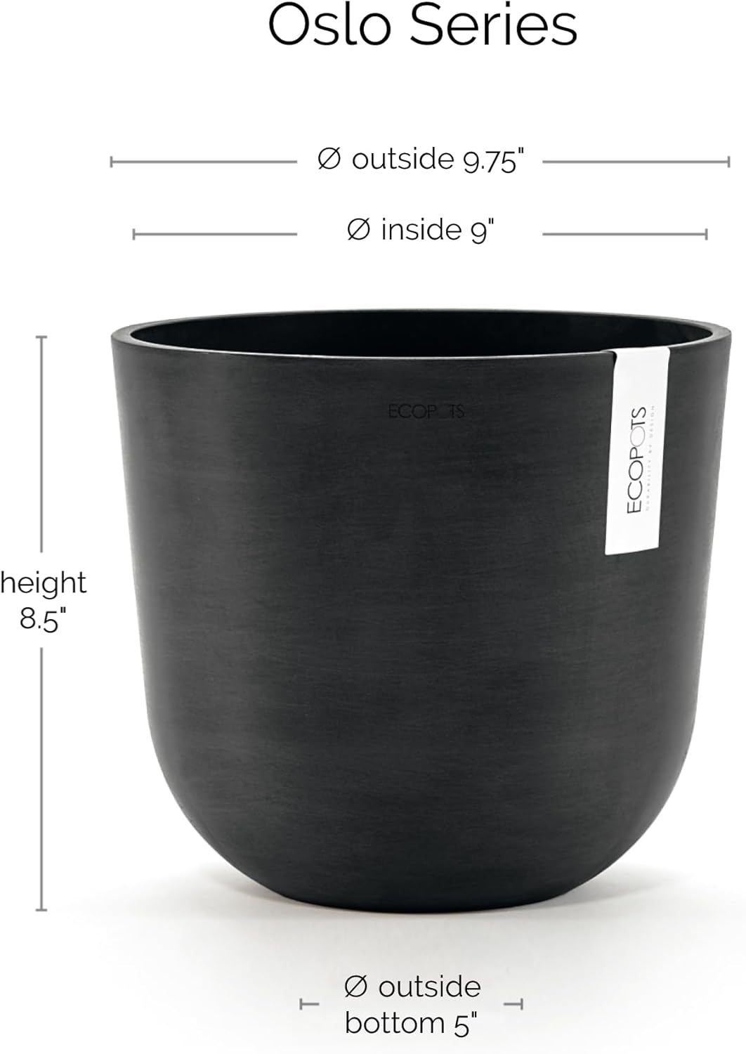 Ecopots Oslo Durable Modern Round Indoor/Outdoor Recycled-Based Composite Flower Pot Planter, Dark Grey, 10"