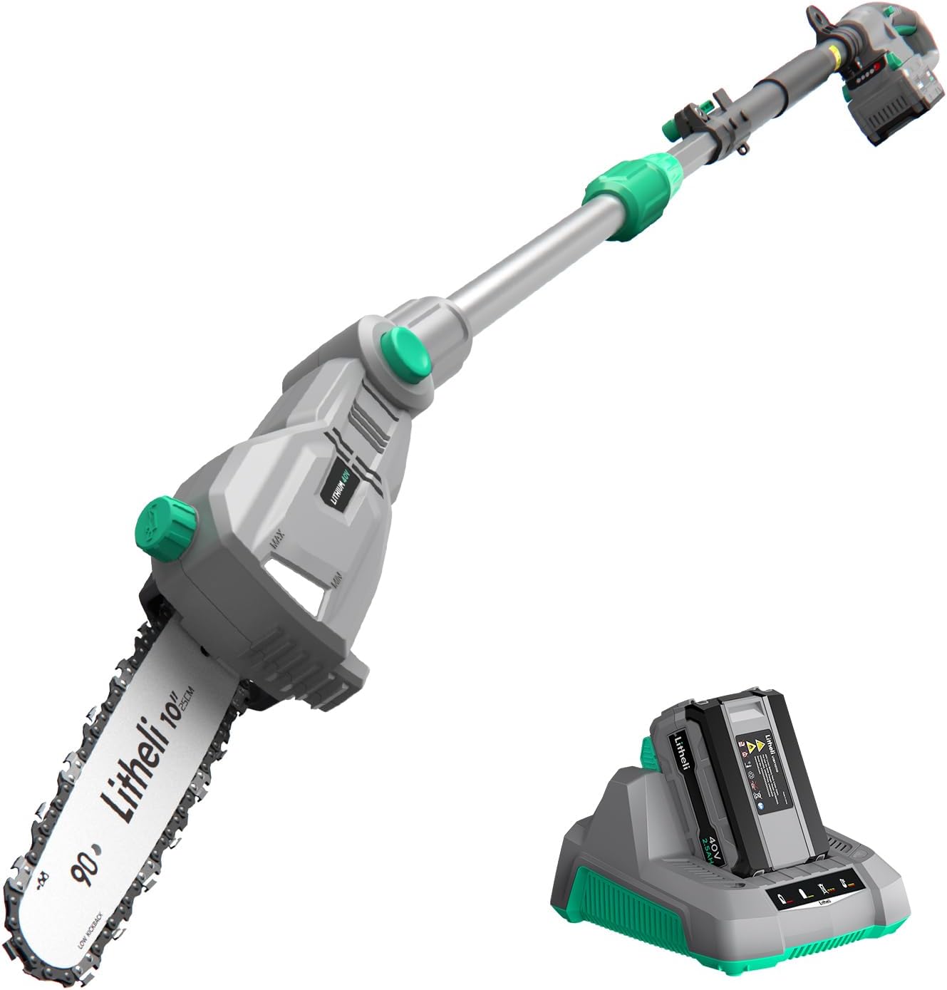 Litheli Cordless Pole Saw, 40V 2.5Ah Battery Pole Saws for Tree Trimming, 10-Inch Pole Saw Battery Powered 16ft/s Cutting Speed Auto Oiling Multi-Angle Electric Pole Chainsaw(Battery&Charger Included)