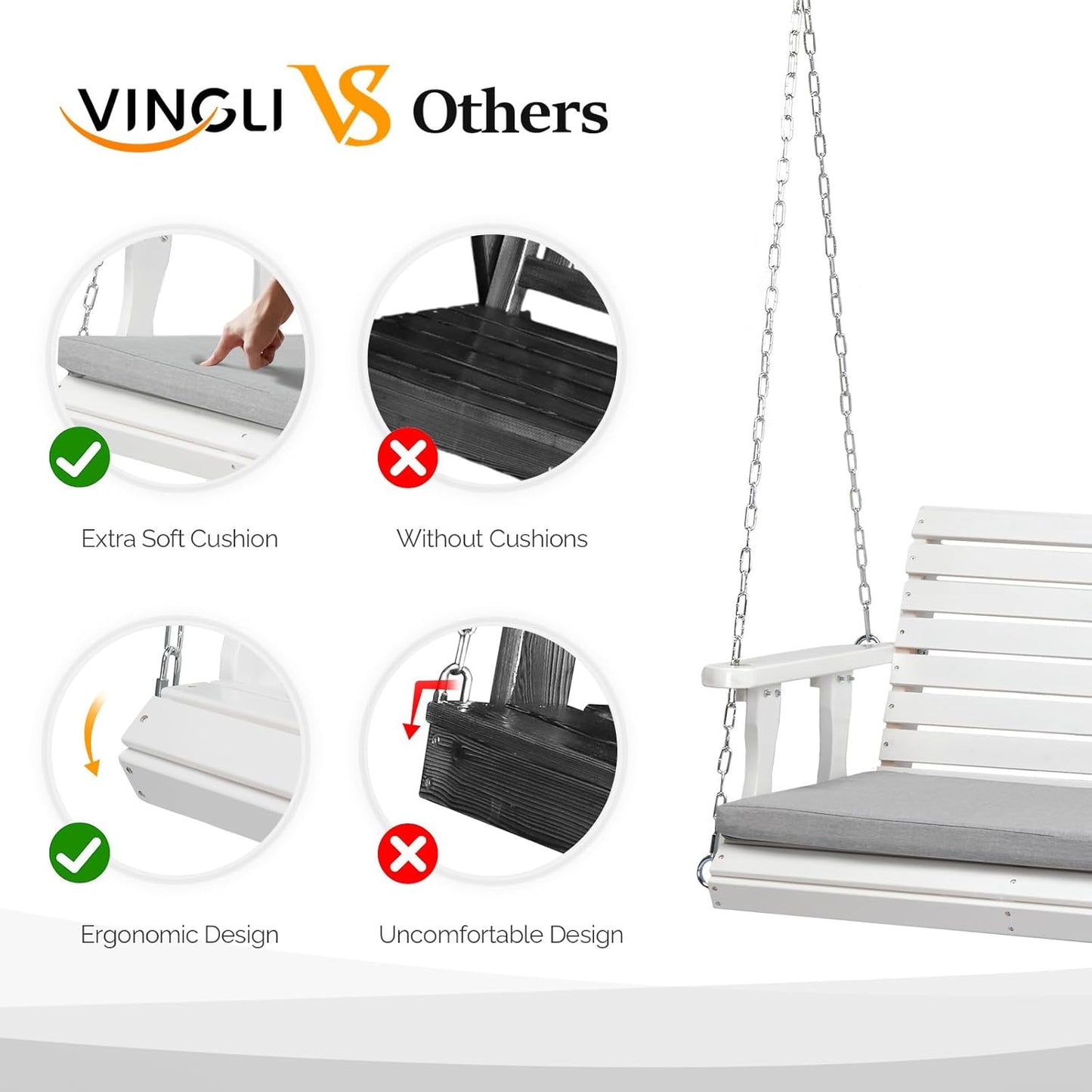 VINGLI Heavy Duty 880 LBS Patio Wooden Porch Swing Outdoor with Extra Cushion, Farmhouse Hanging Bench Tree Swing with Adjustable Chains for Yard | Garden | Lawn | Balcony (5 FT, White)