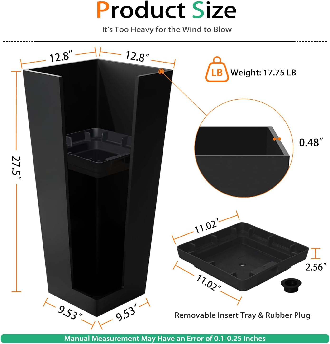 Tall Planters for Outdoor Plants, Large Resin Flower Pots for Garden, Front Porch, Patio, Indoor - Set of 2 (Black, 27.5 inch - 2 Pack)