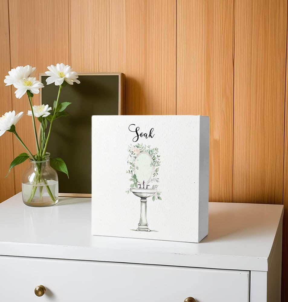 Soak Funny Bathroom Wooden Box Sign, Eucalyptus Botanical Wood Signs for Restroom Bathroom Toilet Half Bath Shelf Counter Decor, 5x5 Inch