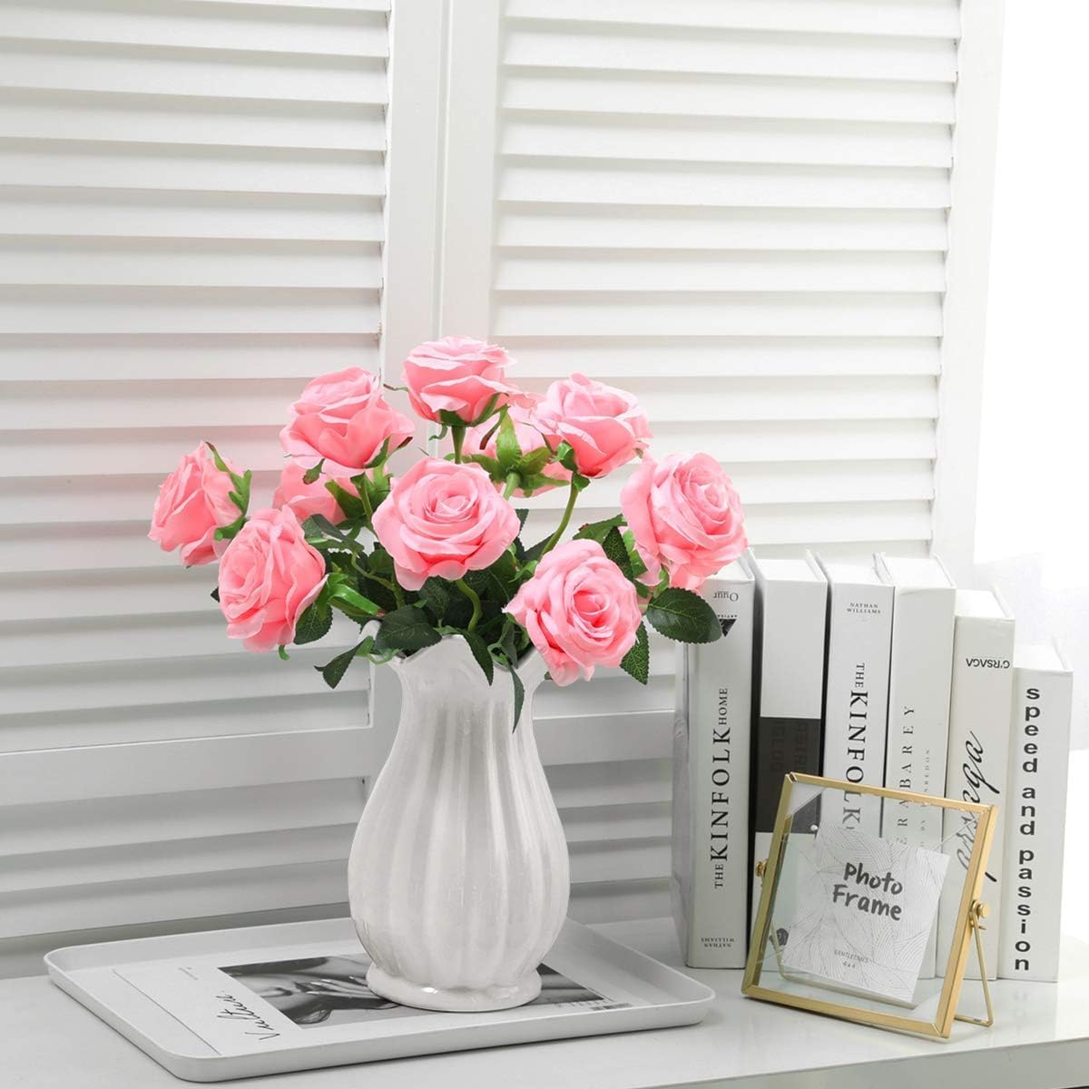Pink Fake Roses Artificial Flowers - 16 Pcs Fake Artificial Roses Silk Flowers with Stems for Home Wedding Hotel Office Centerpiece Decor