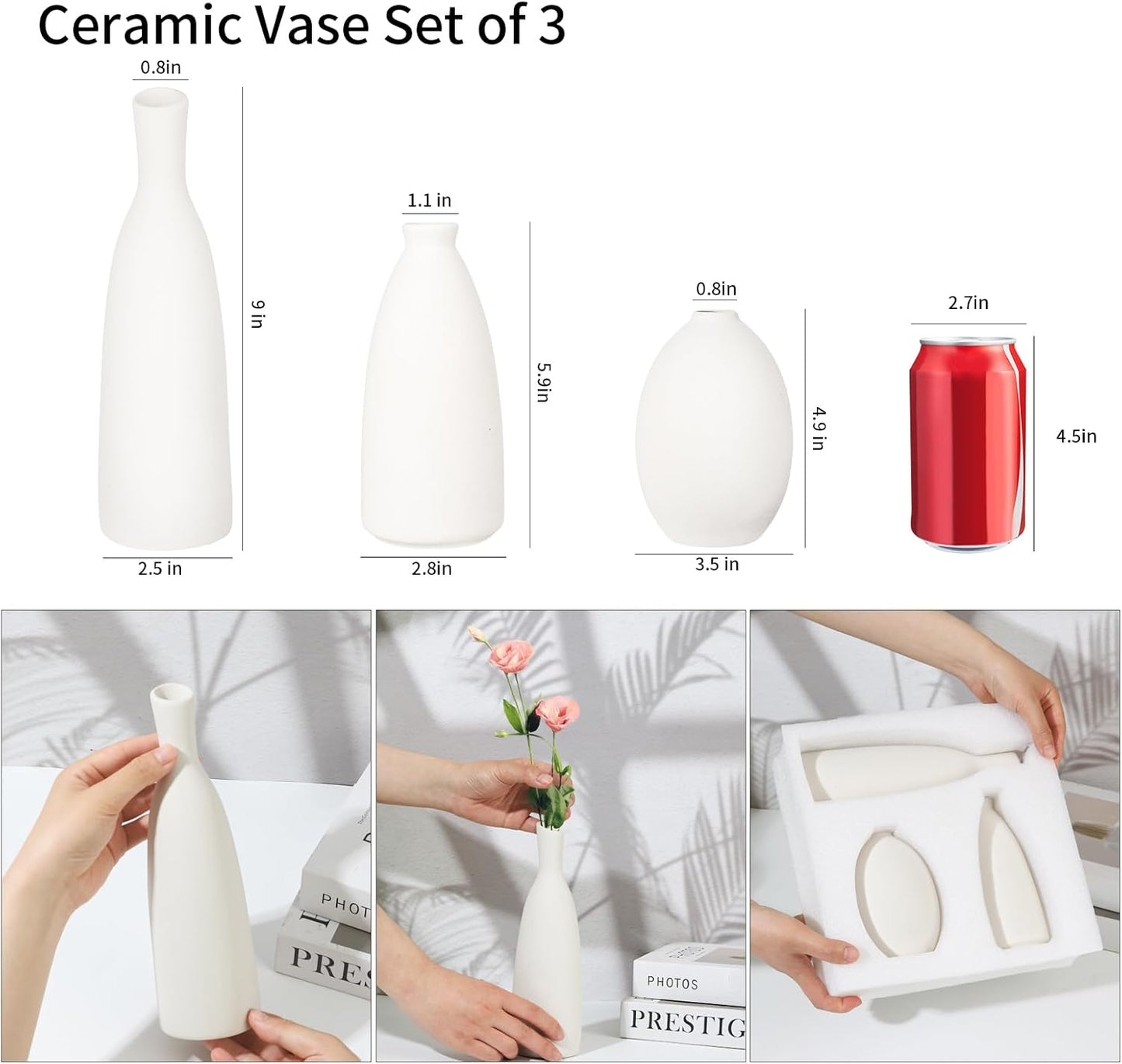 Ceramic Vase Set of 3, Small Flower Vase for Home Decor, Decorative Vases for Pampas Grass & Dried Flowers, Living Room, Bedroom, Bathroom, Shelf Centerpiece Table Decorations