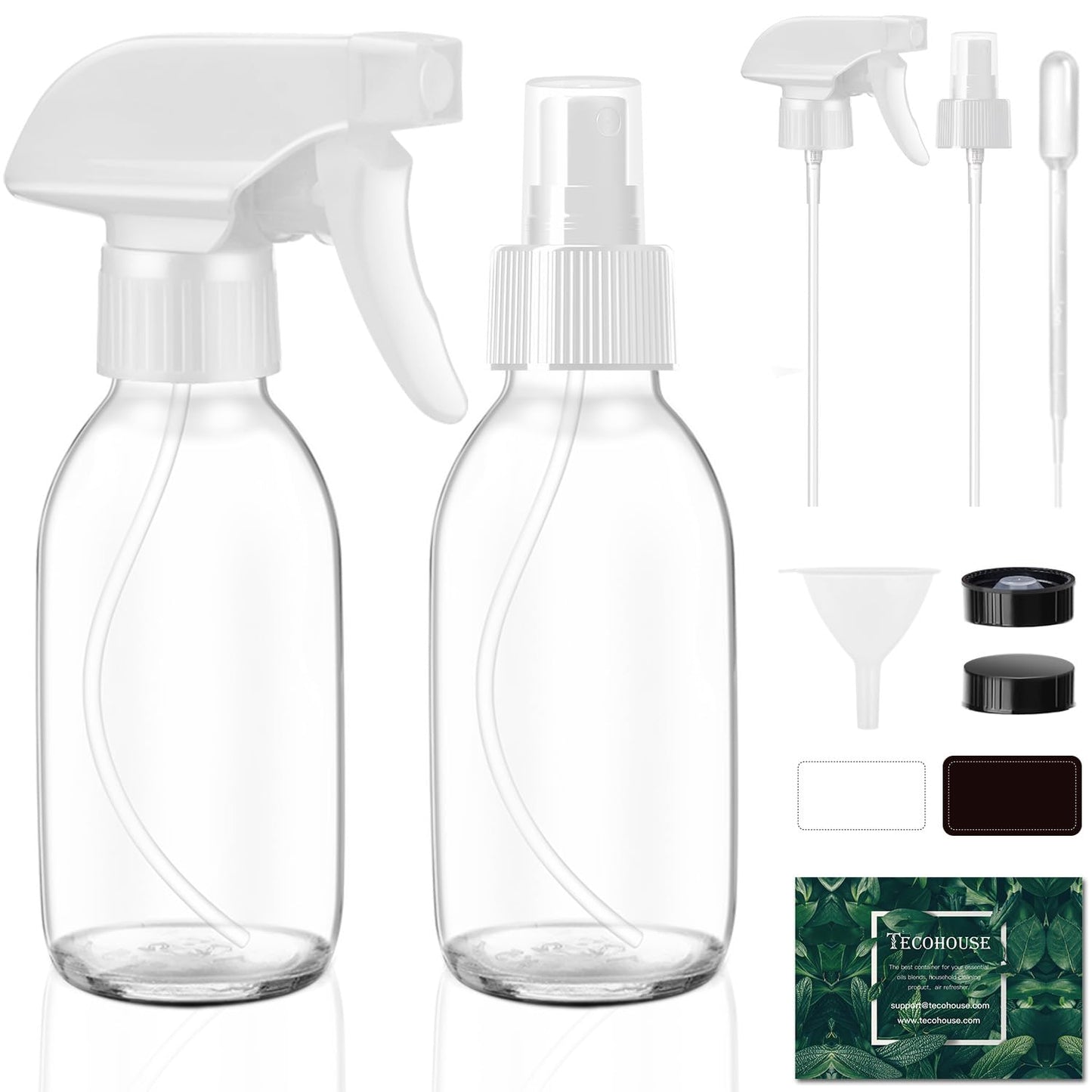 Tecohouse Glass Spray Bottles 4 OZ, Empty Small Spray Bottles 2 Pack for Essential Oils, Cleaning Solutions, Plants, Hair Mister, withDurable Nozzle, Labels, Funnel, Pipettes Clear
