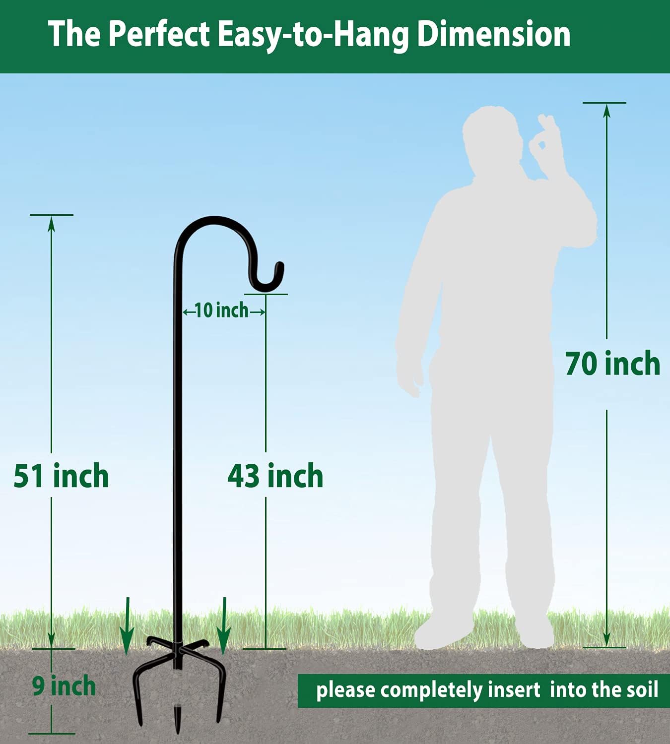 Artibear Adjustable Outdoor Shepherd Hook Stand with 5 Prong Base, 60 Inches Tall 3/5 in Thick, Shiny Black (1 Packs)