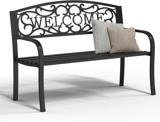50" Heavy Duty Outdoor Bench, Wrought Iron Weatherproof Garden Bench Black Metal Patio Bench for Park Proch Yard 880lbs