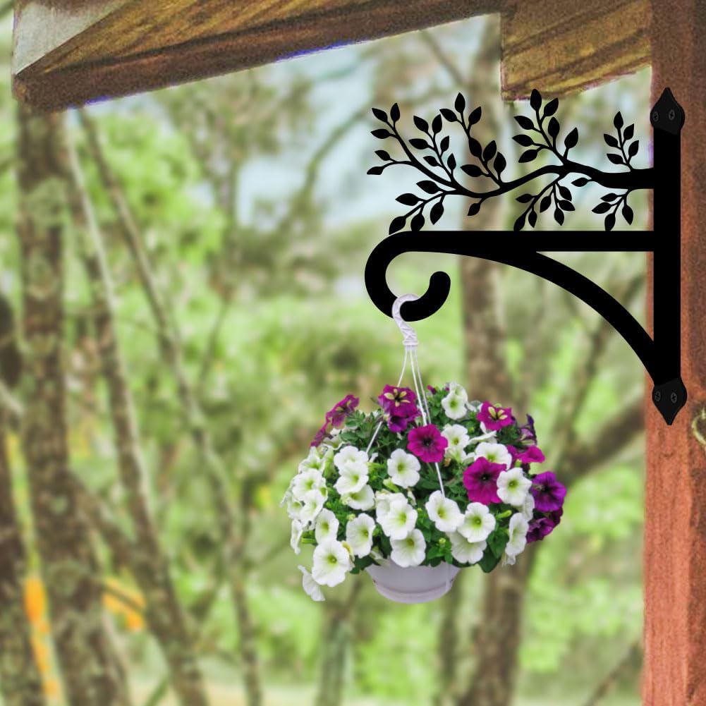 peacoblue Iron Plant Hangers Hooks for Outdoor Indoor Hanging Plants Flower Fern Pots Lantern Bird Feeder, 13"x14" Weather Resistant Metal Wall Holder for Porch Garden Farmhouse(Leaves with Branches)