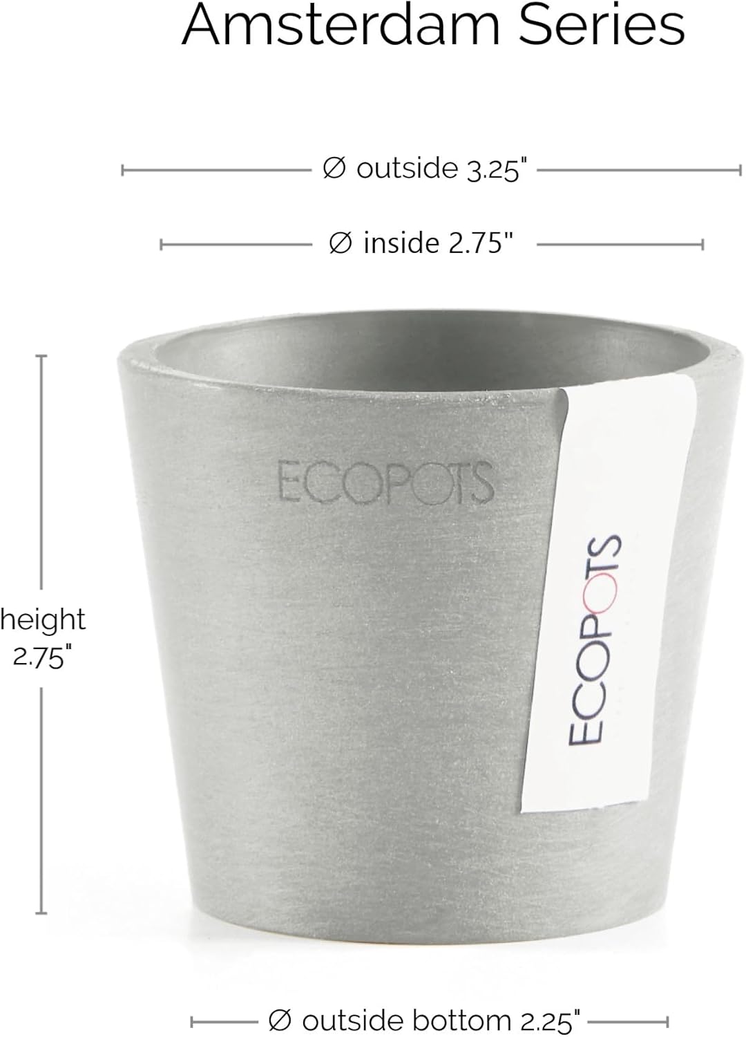 Ecopots Amsterdam Mini Durable Modern Round Recycled-Based Composite Flower Pot Planter, White Grey, 3"