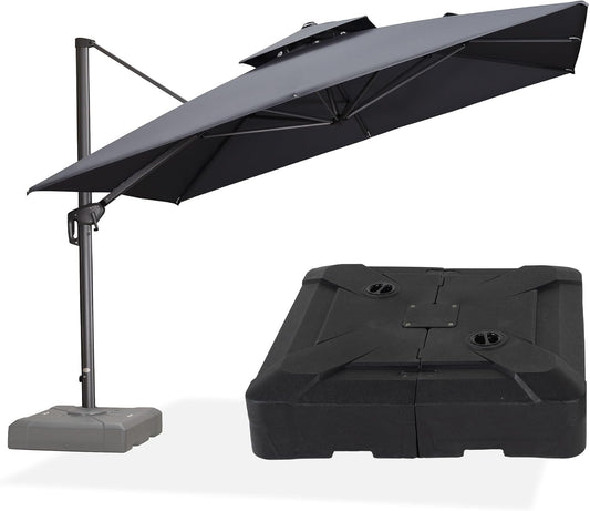 PURPLE LEAF 11 FT Patio Umbrella with Base Outdoor Cantilever Large Offset Umbrella Hanging Double Top Square Umbrella with 360° Rotation Tilting for Garden Deck Backyard Pool Grey
