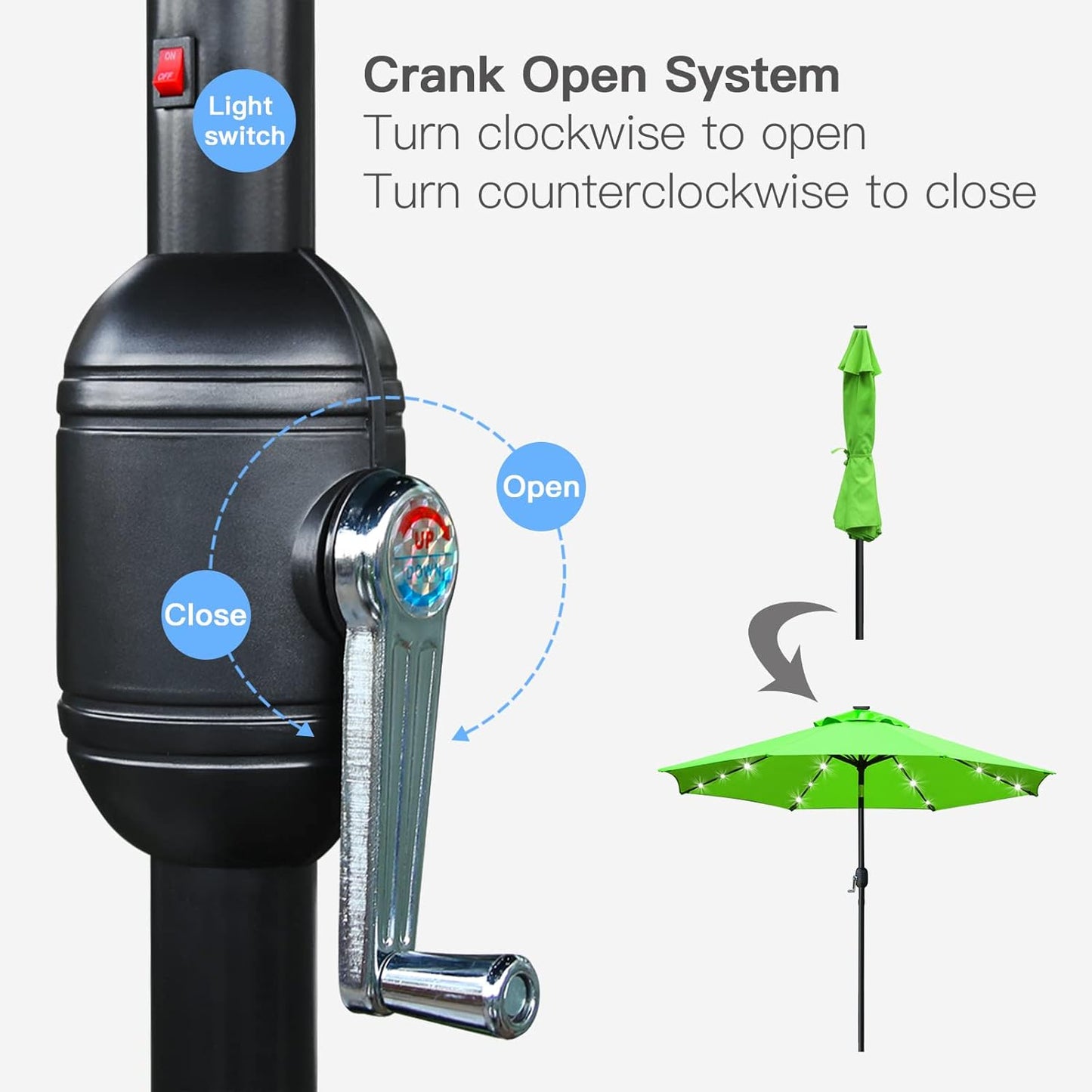 Sunnyglade 9' Solar LED Lighted Patio Umbrella with 8 Ribs/Tilt Adjustment and Crank Lift System (Grass Green)
