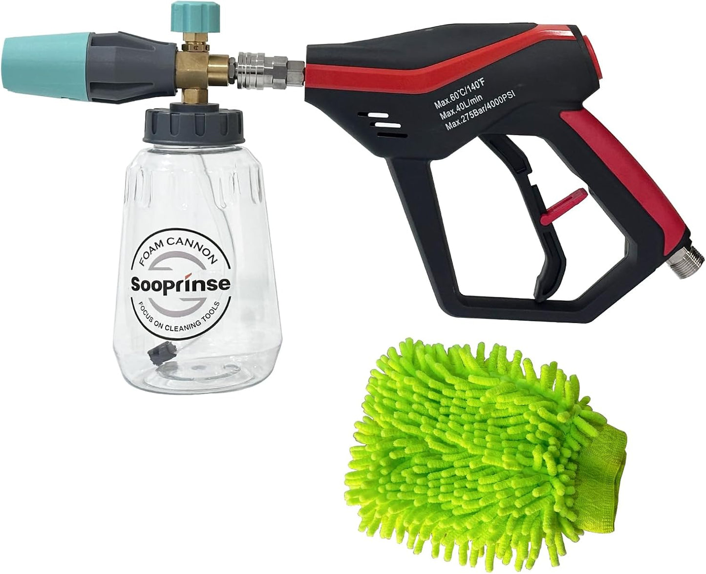 Sooprinse Pressure Washer Gun with Foam Cannon Snow Foam Lance, Short Pressure Washer Gun with Foam Cannon with 1/4 Inch Quick Connector, Power Washer Foam Blaster with Car Wash Mitt, 4000 PSI,1 Liter