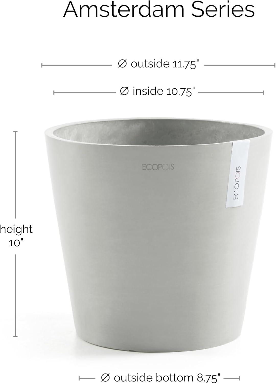 Ecopots Amsterdam Durable Modern Round Indoor/Outdoor Recycled-Based Composite Flower Pot Planter, White Grey, 12"