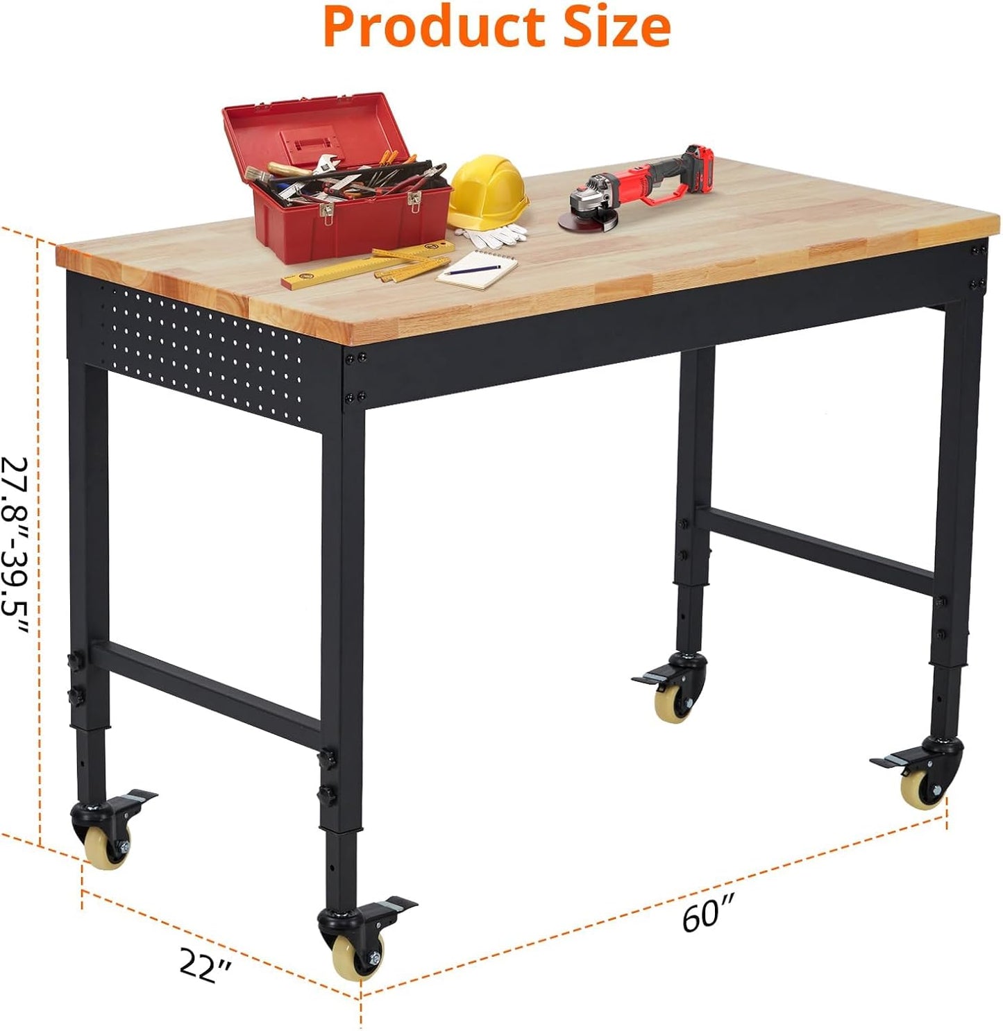 60'' Adjustable Workbench, Heavy Duty Workbench with Power Outlet and Lockable Wheels, 2000 LBS Capacity, Work Table Suitable for Office, Garage, Workshop