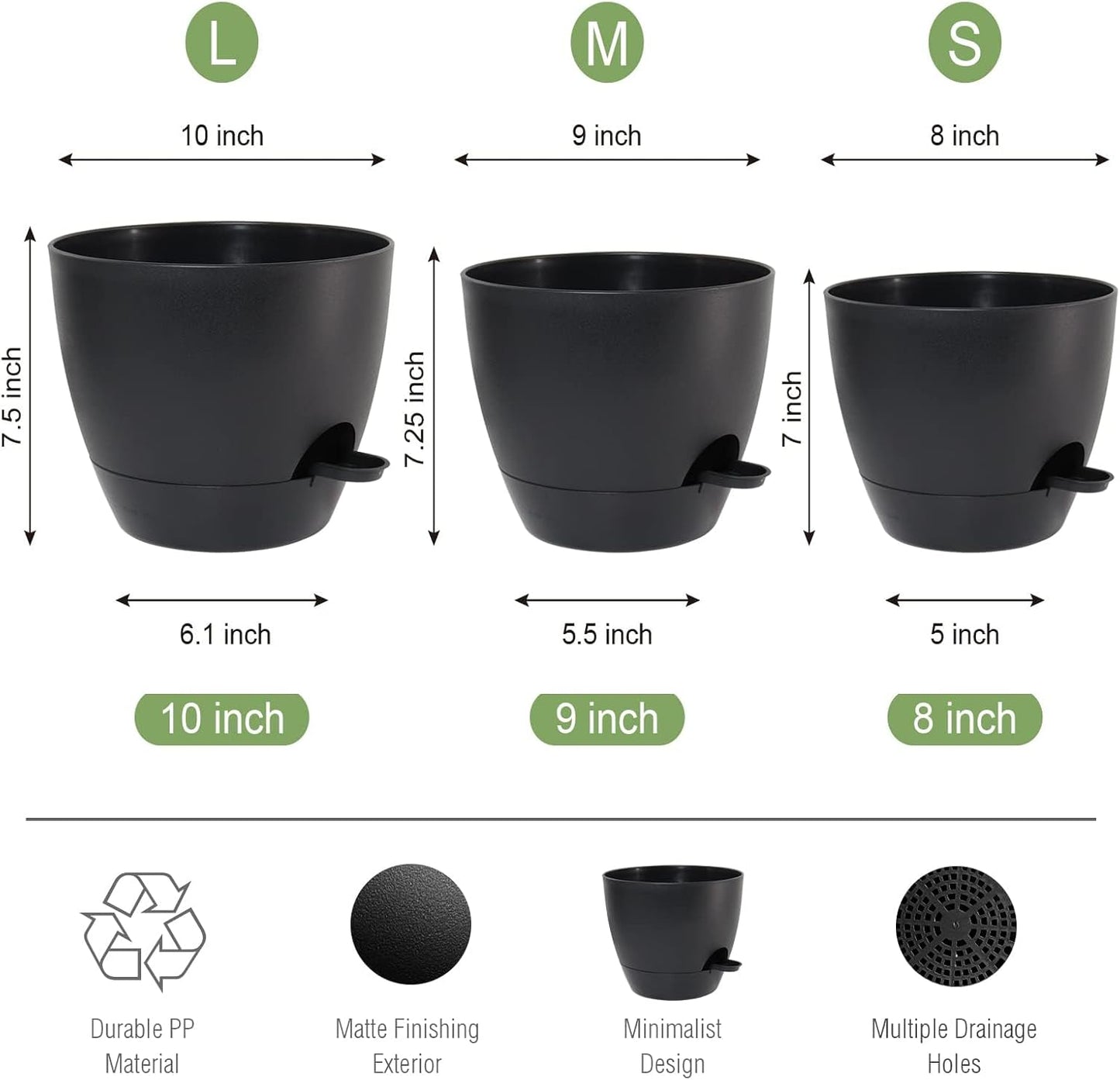 10/9/8 inch Self Watering Pots, Set of 3 Plastic Planters with Mesh Drainage Holes and Deep Reservoir for Indoor Outdoor Garden Plants and Flowers, Black