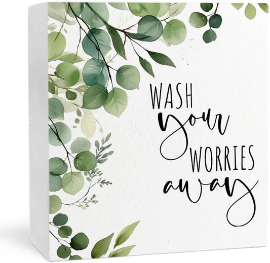 Wash Your Worries Away Funny Bathroom Wooden Box Sign, Eucalyptus Botanical Wood Signs for Restroom Bathroom Toilet Half Bath Shelf Counter Decor, 5x5 Inch