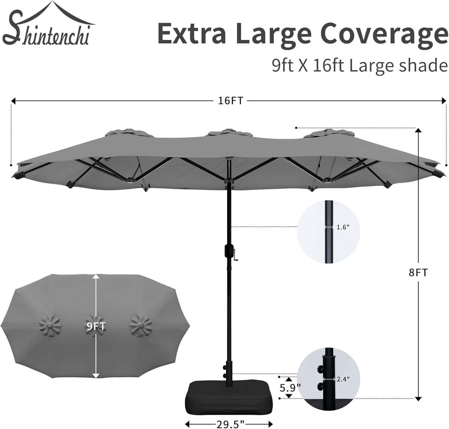 Shintenchi 16FT Large Patio Umbrella with Base, Outdoor Double-Sided Rectangular Umbrella, Market Umbrella with Crank Handle for Poolside Lawn Garden, Gray