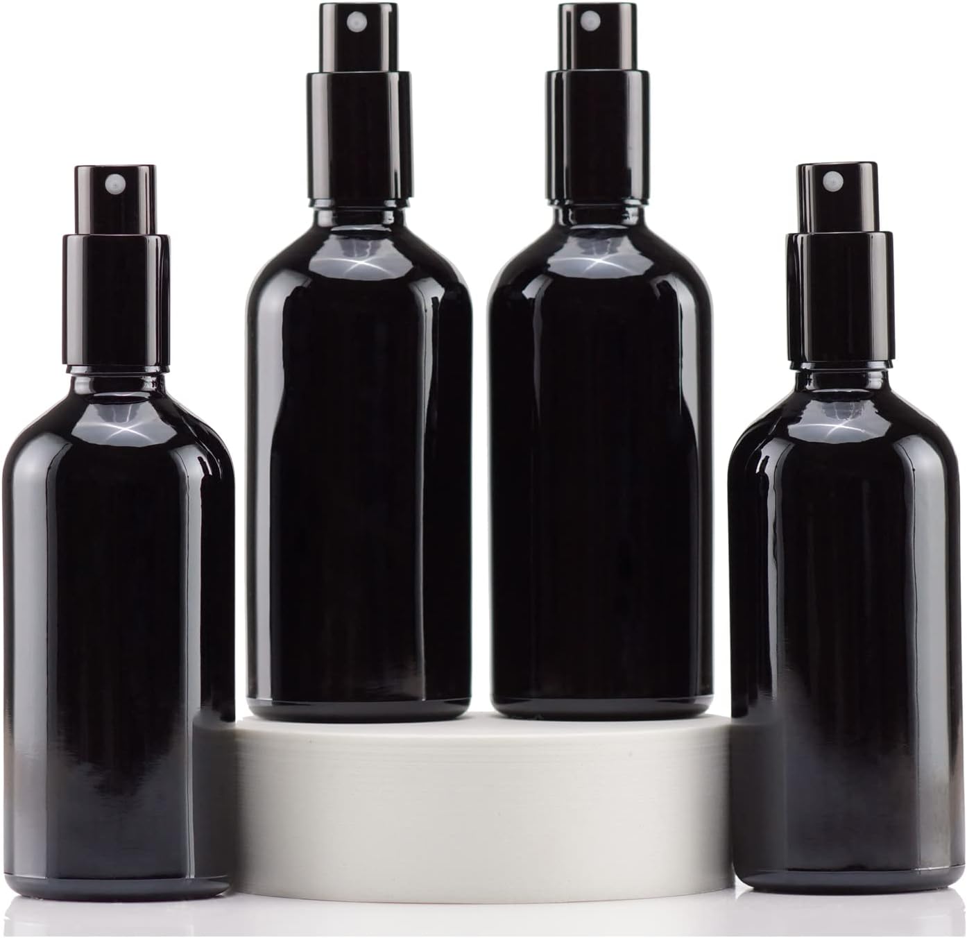 YIZHAO Black Glass Spray Bottles 4oz, with Small Fine Mist Spray, Metal Cap, Refillable for Essential Oil,Travel,Cleaning,Perfume,Aromatherapy,Makeup – 4 Pcs