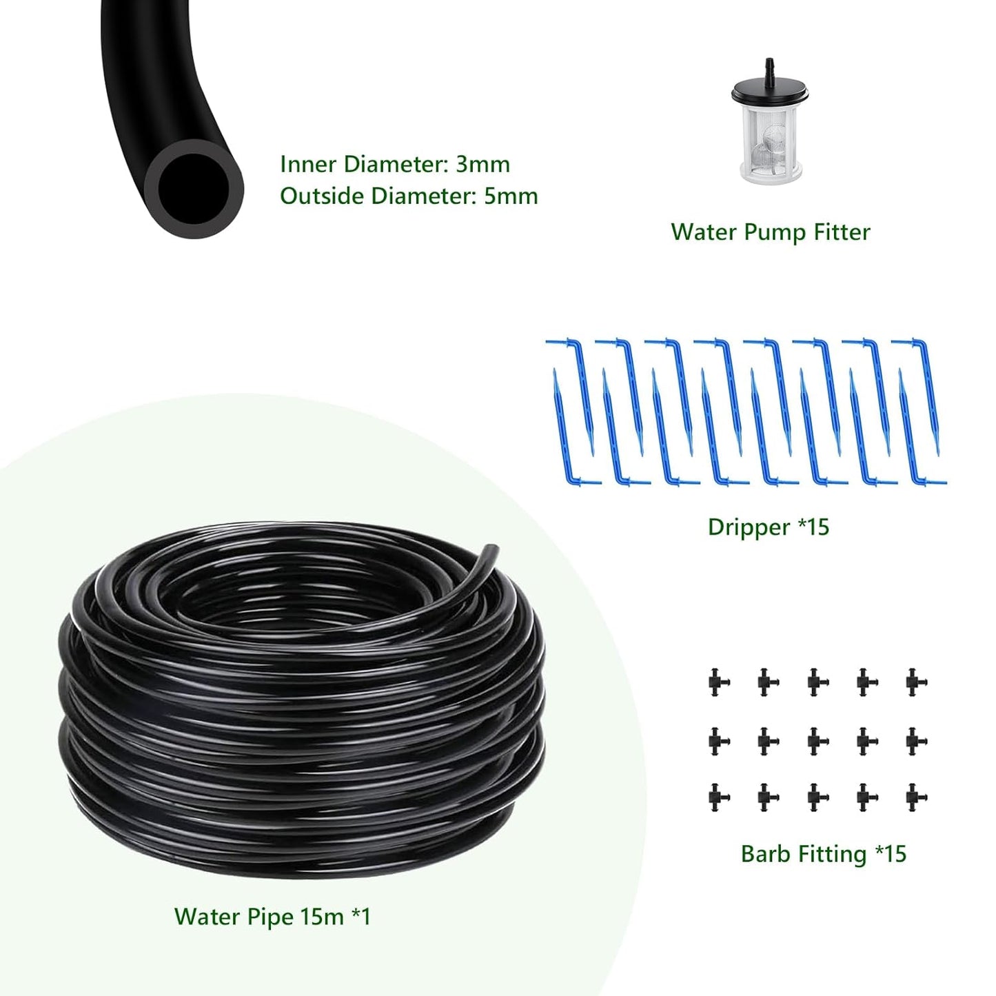 Solar Drip Irrigation Kit Accessories, 49 FT Tubing, Drip Irrigation Extra Accessories Kit,15 tee Fittings and 15 drippers for Balcony Patio & Garden