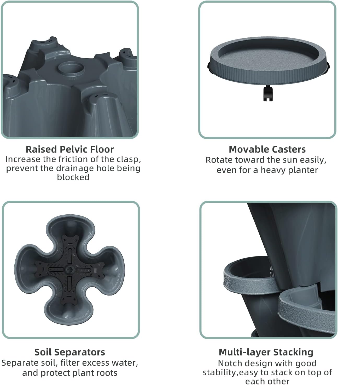 7 Tiered Strawberry Vertical Planter Tower Garden 3 Pack, Stackable Planter Herb Garden Planter with Movable Casters and Bottom Saucer Indoor and Outdoor - Dark Grey
