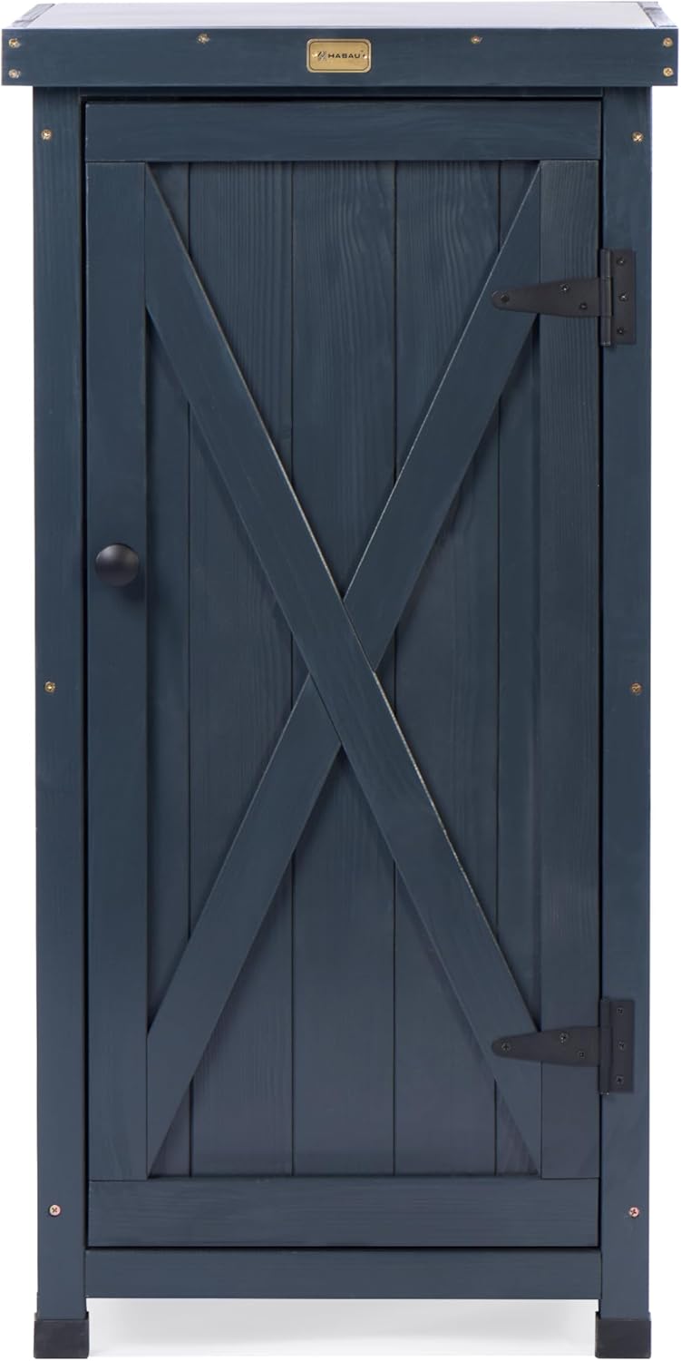 Outdoor Storage Cabinet for Patio, Garden Potting Bench Table with Shelves & Metal-Tabletop, Wooden Planting Work Station, Weatherproof