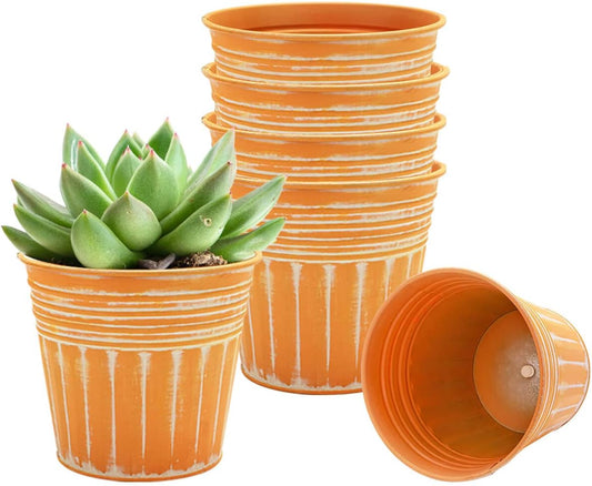 vensovo 4 Inch Orange Metal Rustic Flower Pots - 6Pcs Small Galvanized Planters with Drainage Hole and Rubber Plug, Rustproof Metal Bucket Plant Pots Farmhouse Vintage Style for Decor