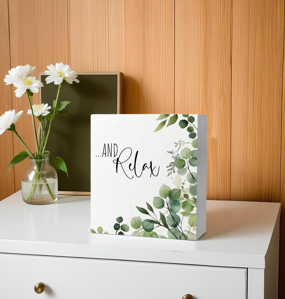 Relax Sign, Funny Bathroom Wooden Box Sign, Eucalyptus Botanical Wood Signs Plaque for Restroom Washroom Toilet Counter Shelf Table Decor, 5x5 Inch